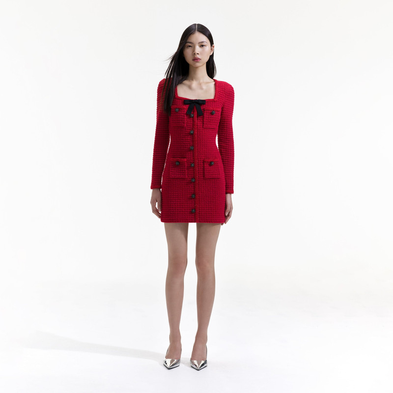 self-portrait Red Knit Bow Round Neck Mini Dress - RS24-912S-R | REVERSIBLE