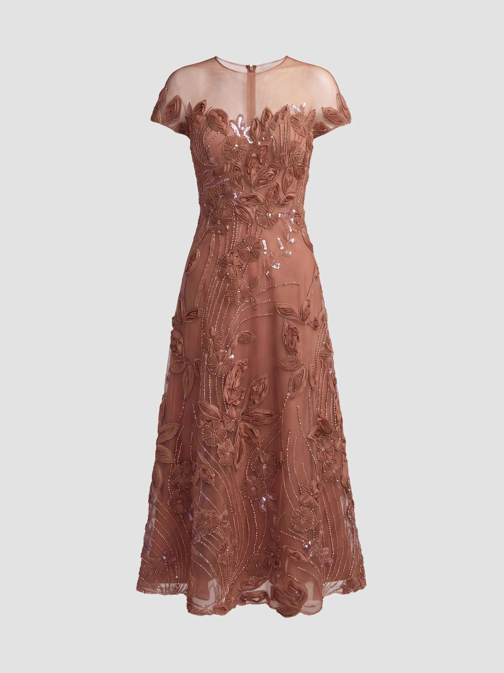 Women's Embellished Lace Illusion A-Line Midi-Dress - Rust - 1