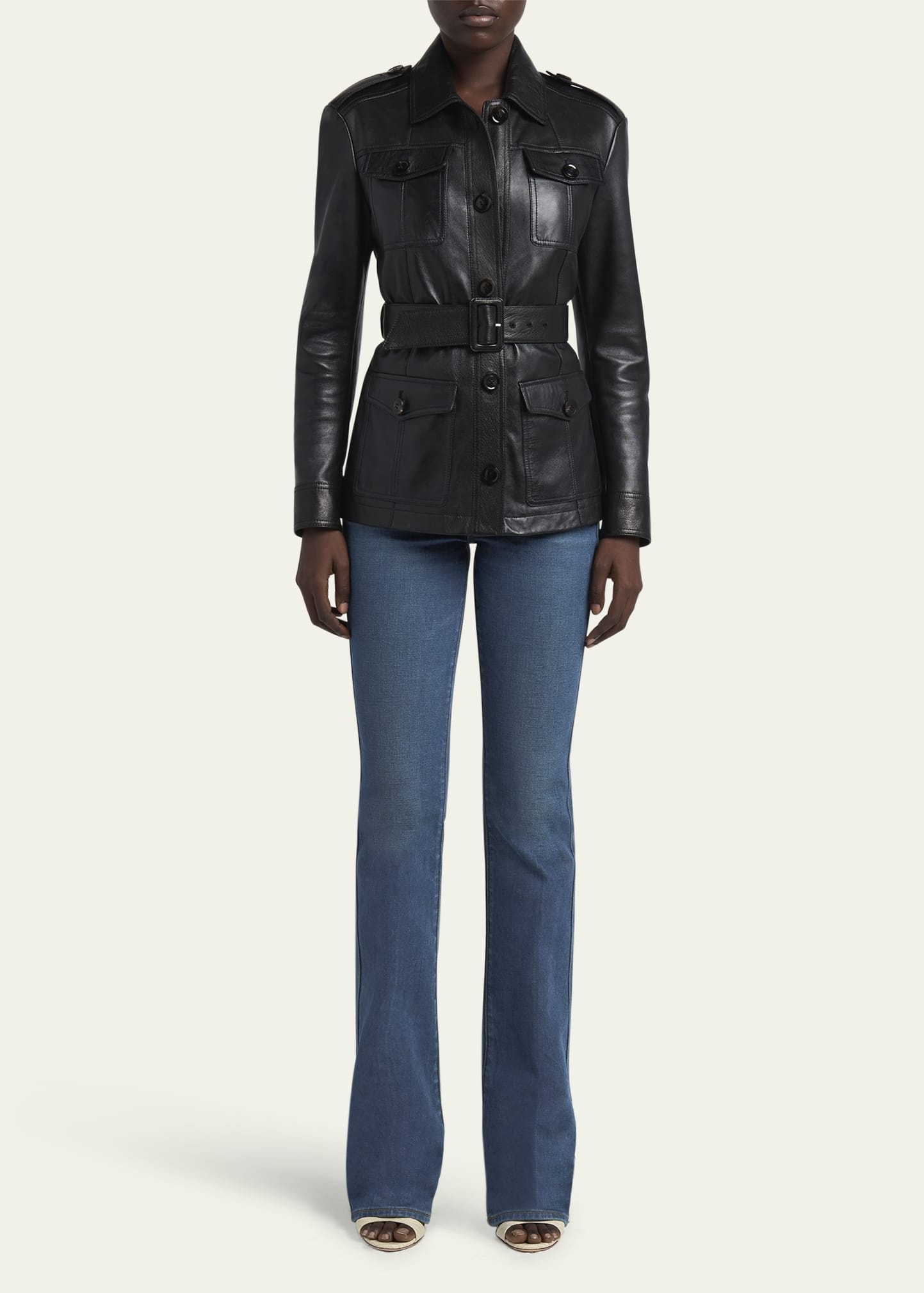 Belted Button Down Leather Jacket - 2
