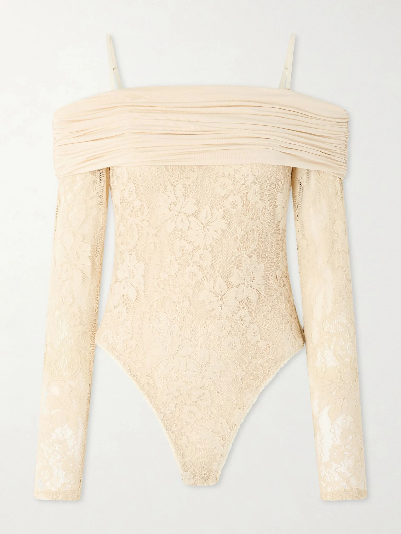 Off-the-shoulder ruched jersey and stretch-lace bodysuit Cream - 1