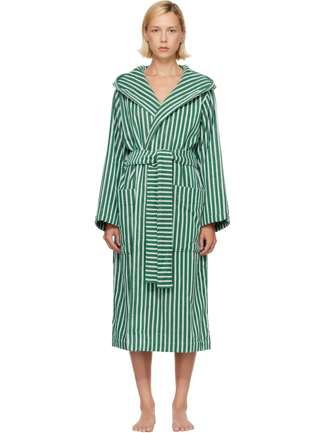 Green & White Terry Hooded Bathrobe - 1