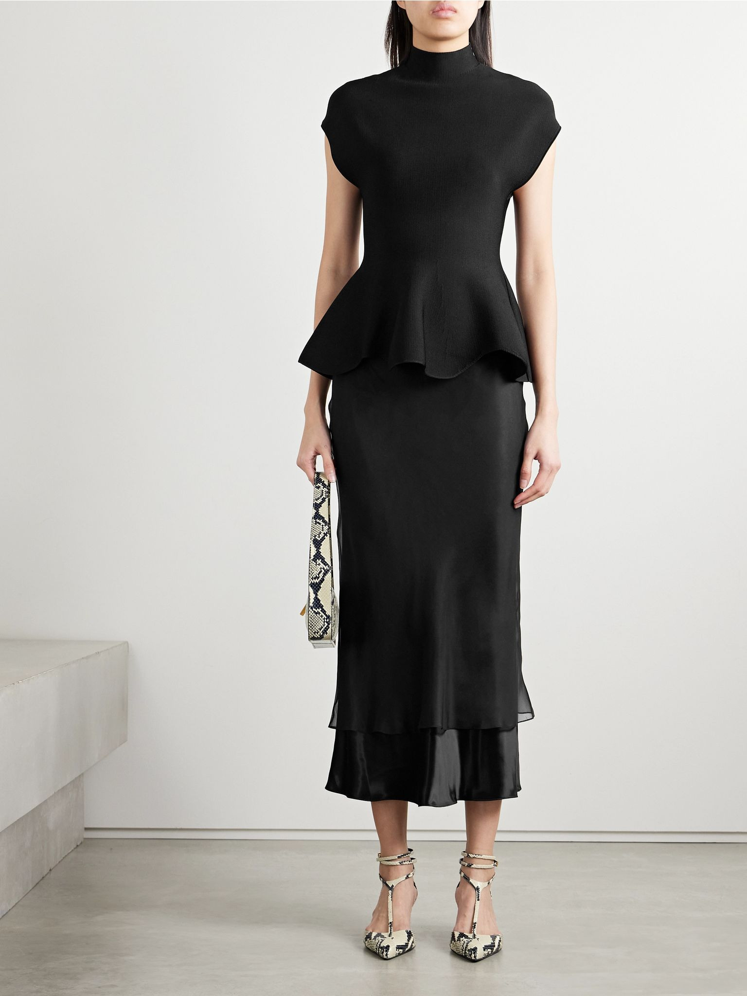 Monina layered satin and organza midi skirt Black - 2