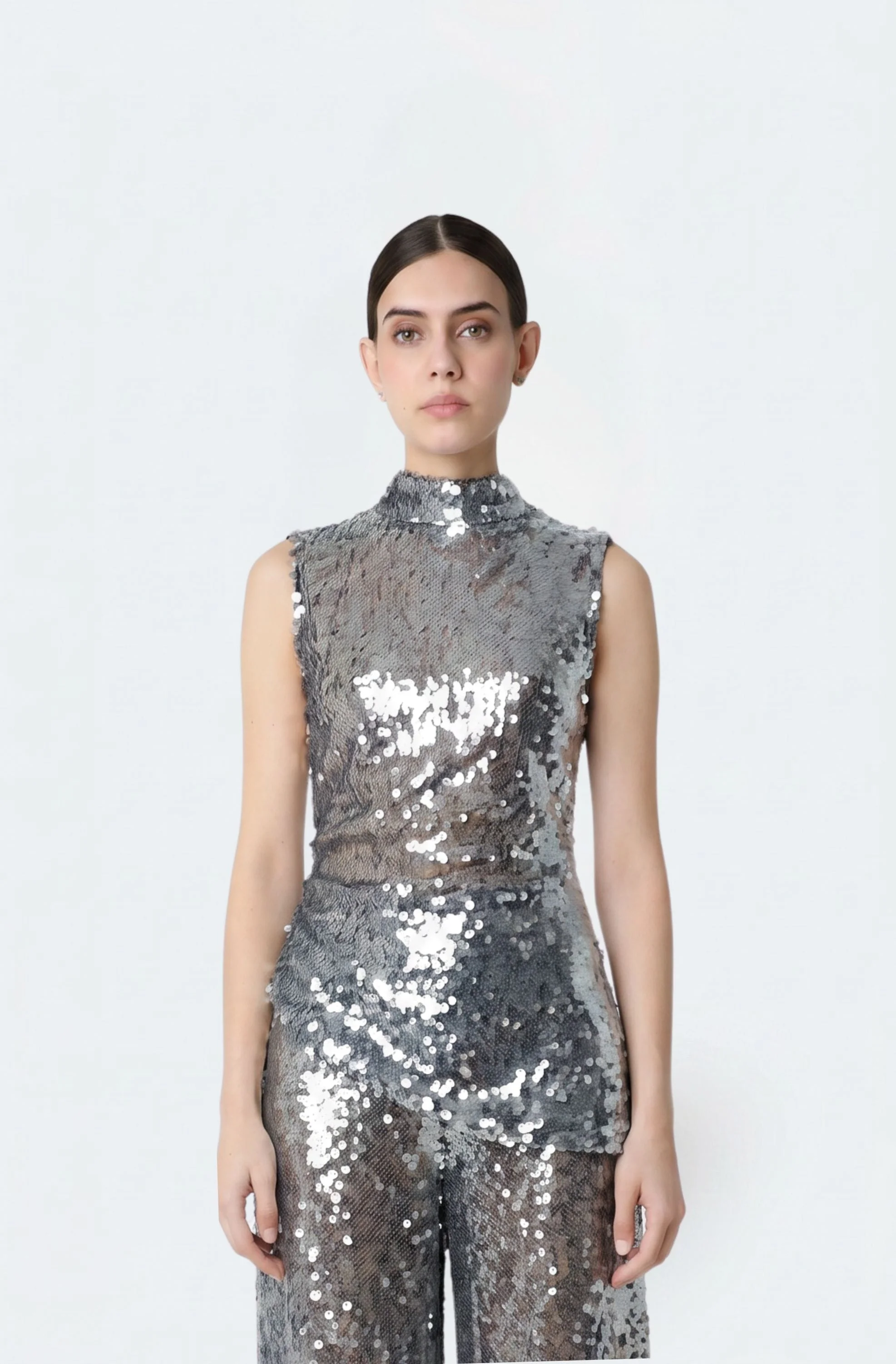 Mesh Sequin Mockneck Top With Pleats - 1