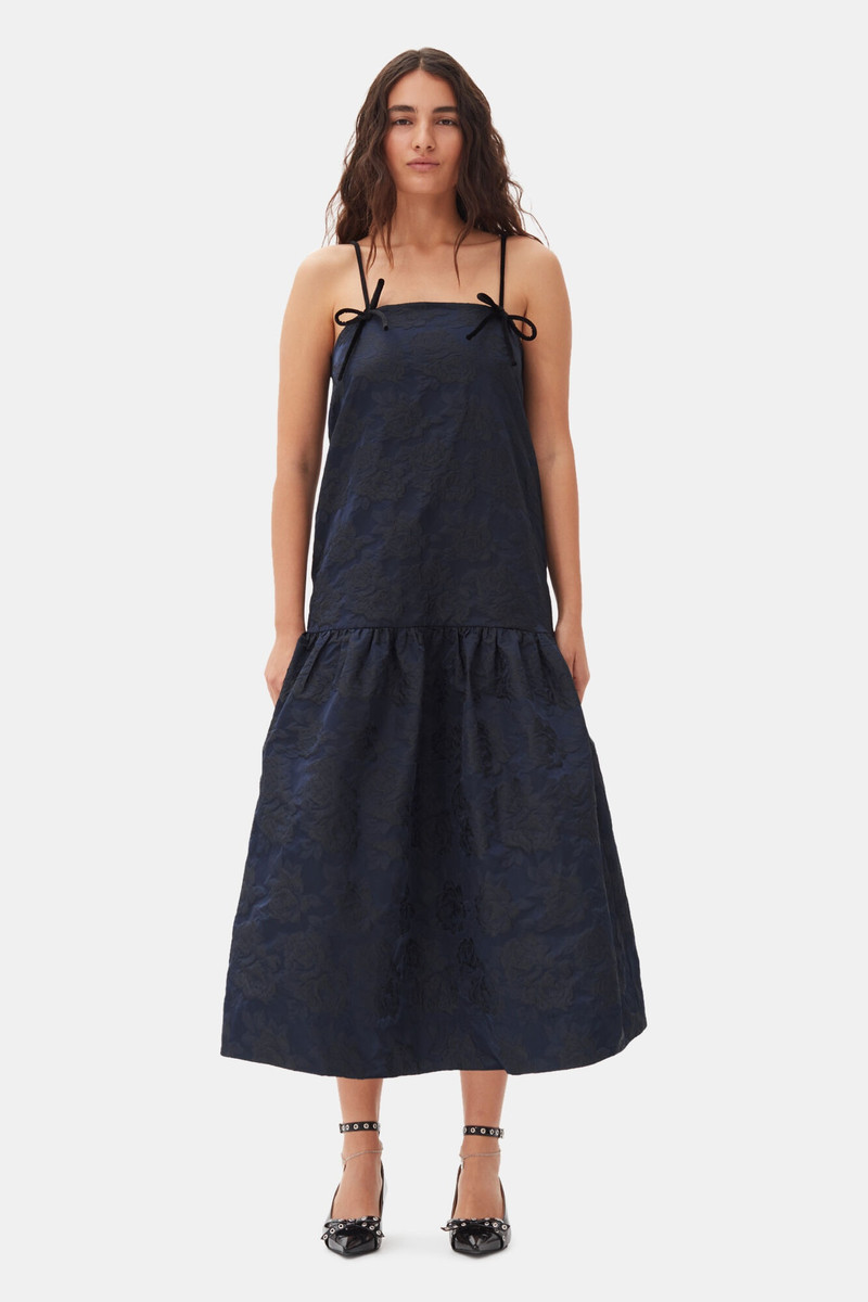 GANNI NAVY BLUE BOTANICAL JACQUARD STRAP MIDI DRESS outlook