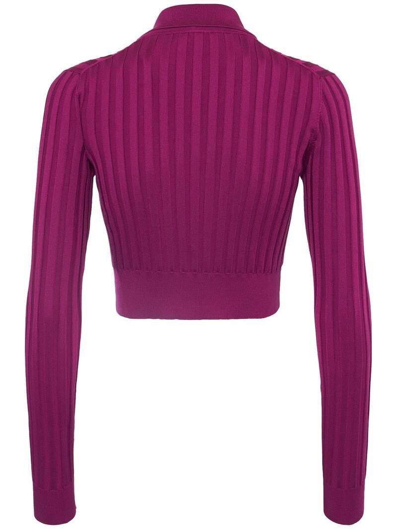 Silk rib knit polo crop sweater - 5