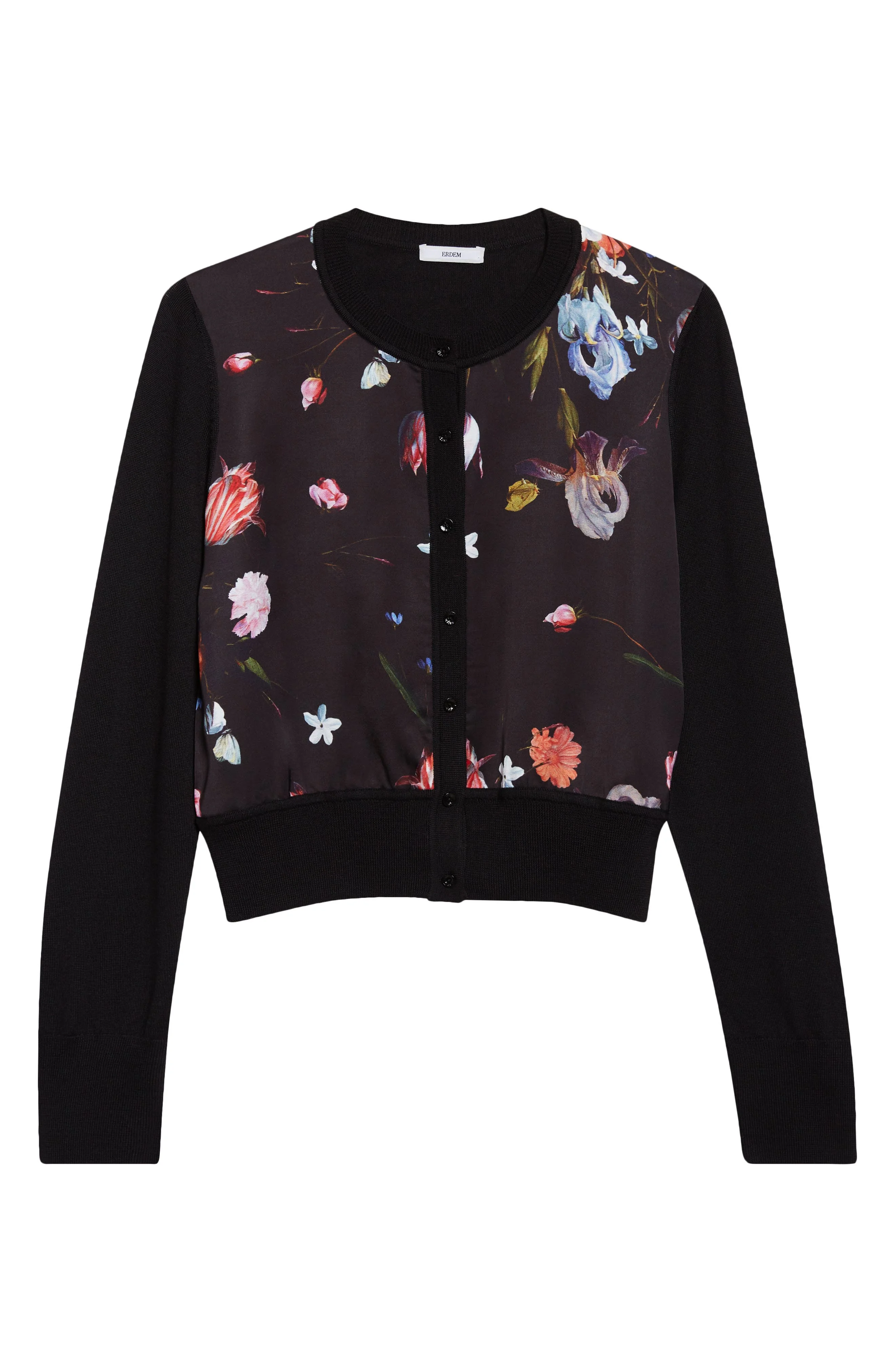 Erdem Floral Satin & Merino Wool Cardigan in Dutch Flower Painting Black at Nordstrom - 1