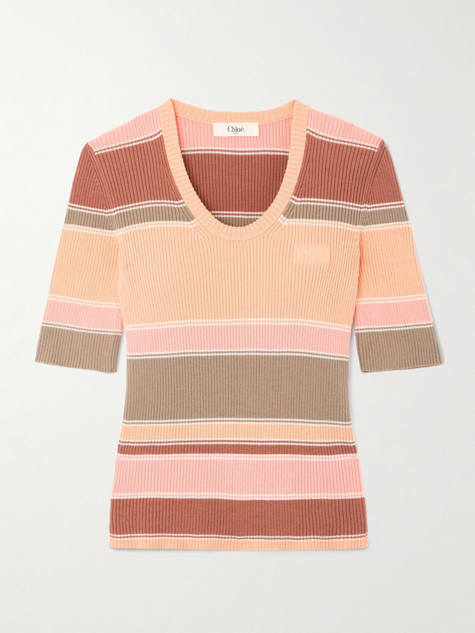 Embroidered striped ribbed cotton sweater Pink - 1