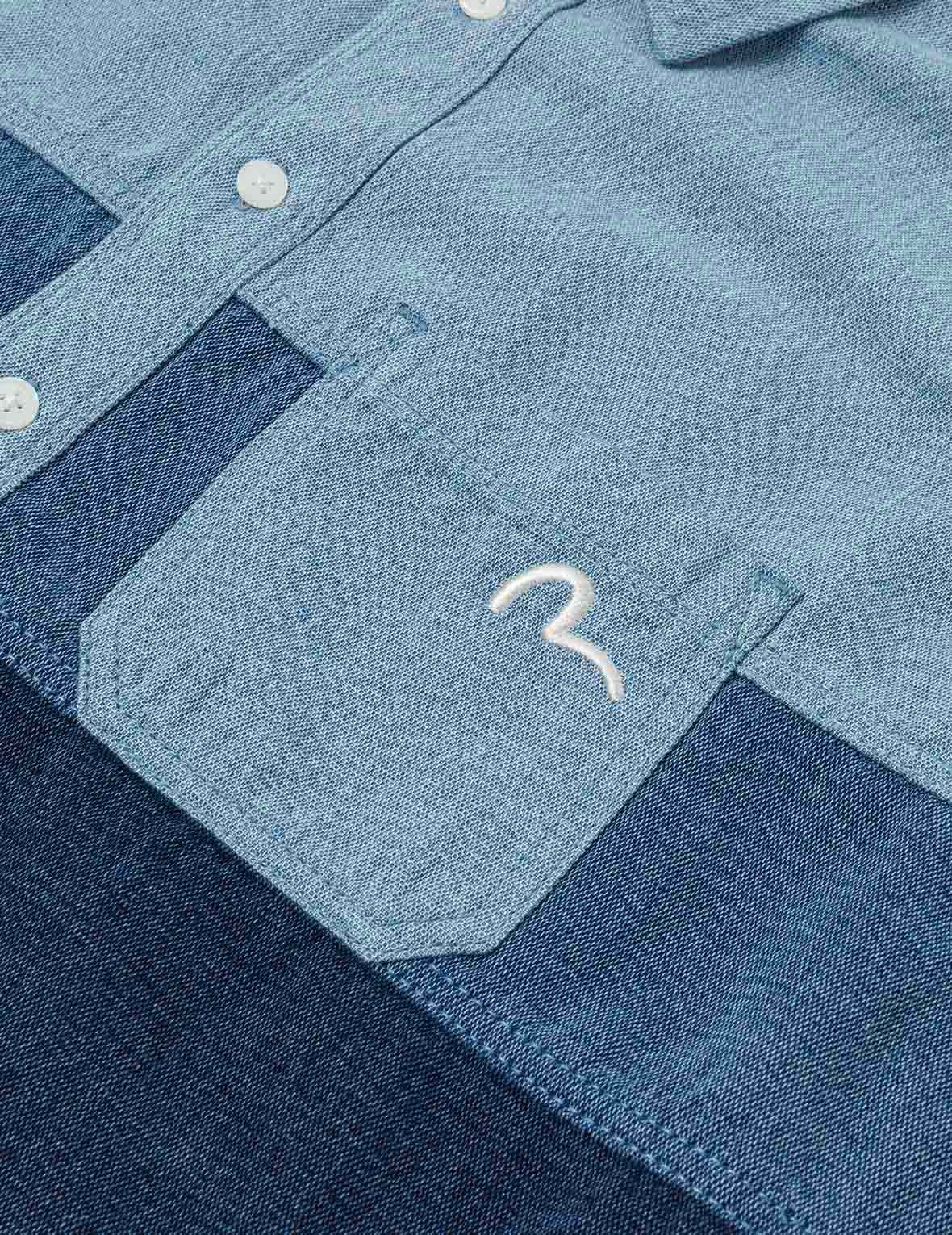 Panel Design Fashion Fit Denim Short-Sleeves Shirt - 5