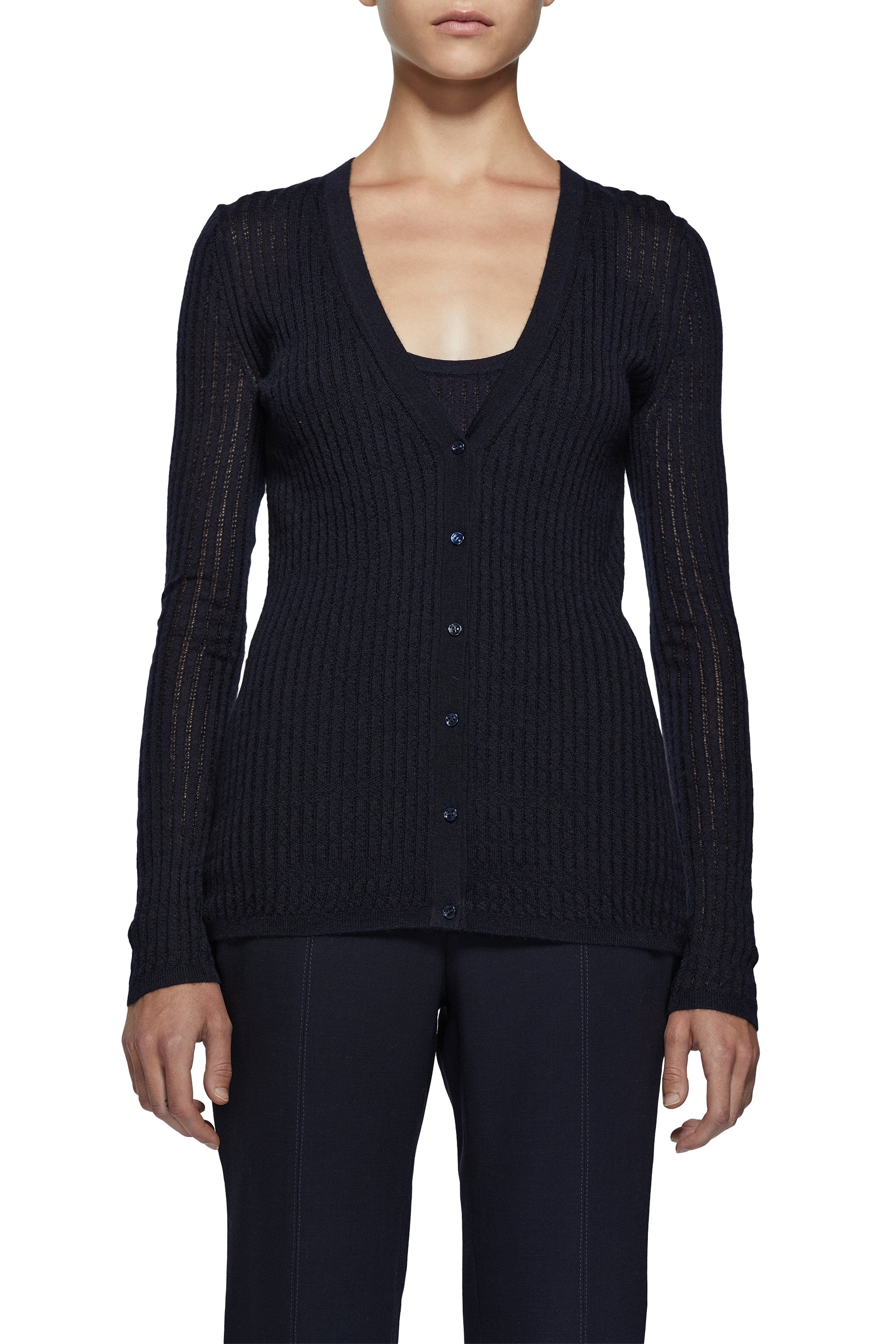Emma Pointelle Cardigan in Dark Navy Silk Cashmere - 4