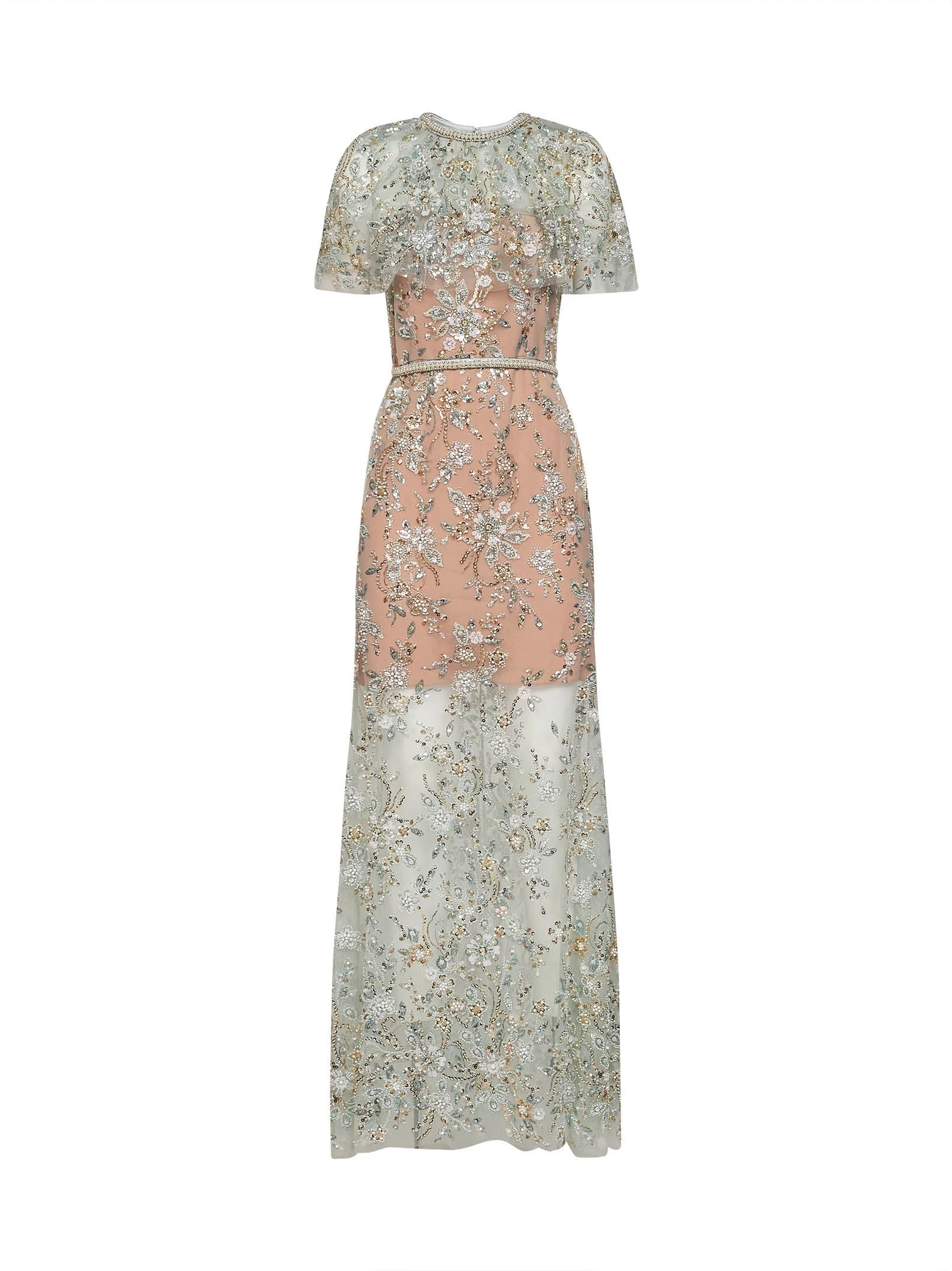 Mint embroidered tulle cape maxi dress - 1