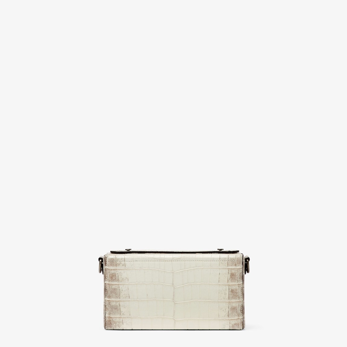 Small Baguette Soft Trunk made of exquisite crocodile leather in white with dark gray nuances. Flap  - 3