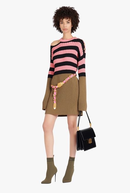 Salmon pink and black striped eco-designed wool dress - 2