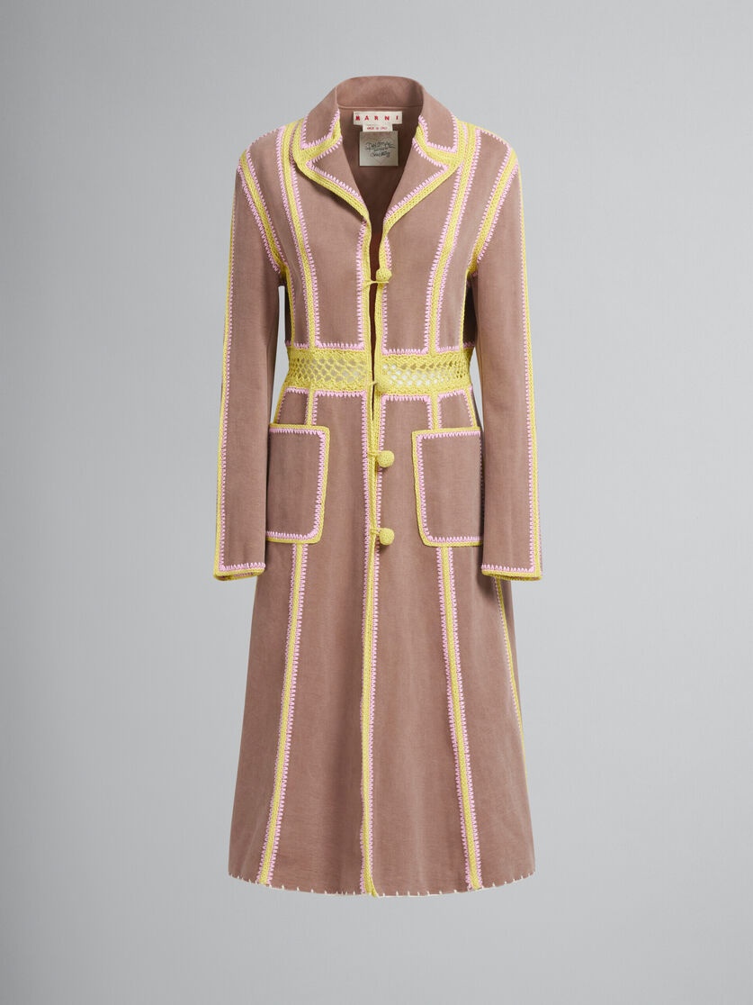 BROWN ORGANIC DENIM COAT WITH CROCHET DETAILS - 2