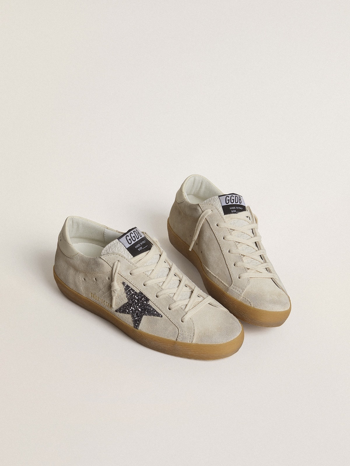 Women's Super-Star in ice-gray suede with silver glitter star and leather heel tab - 2