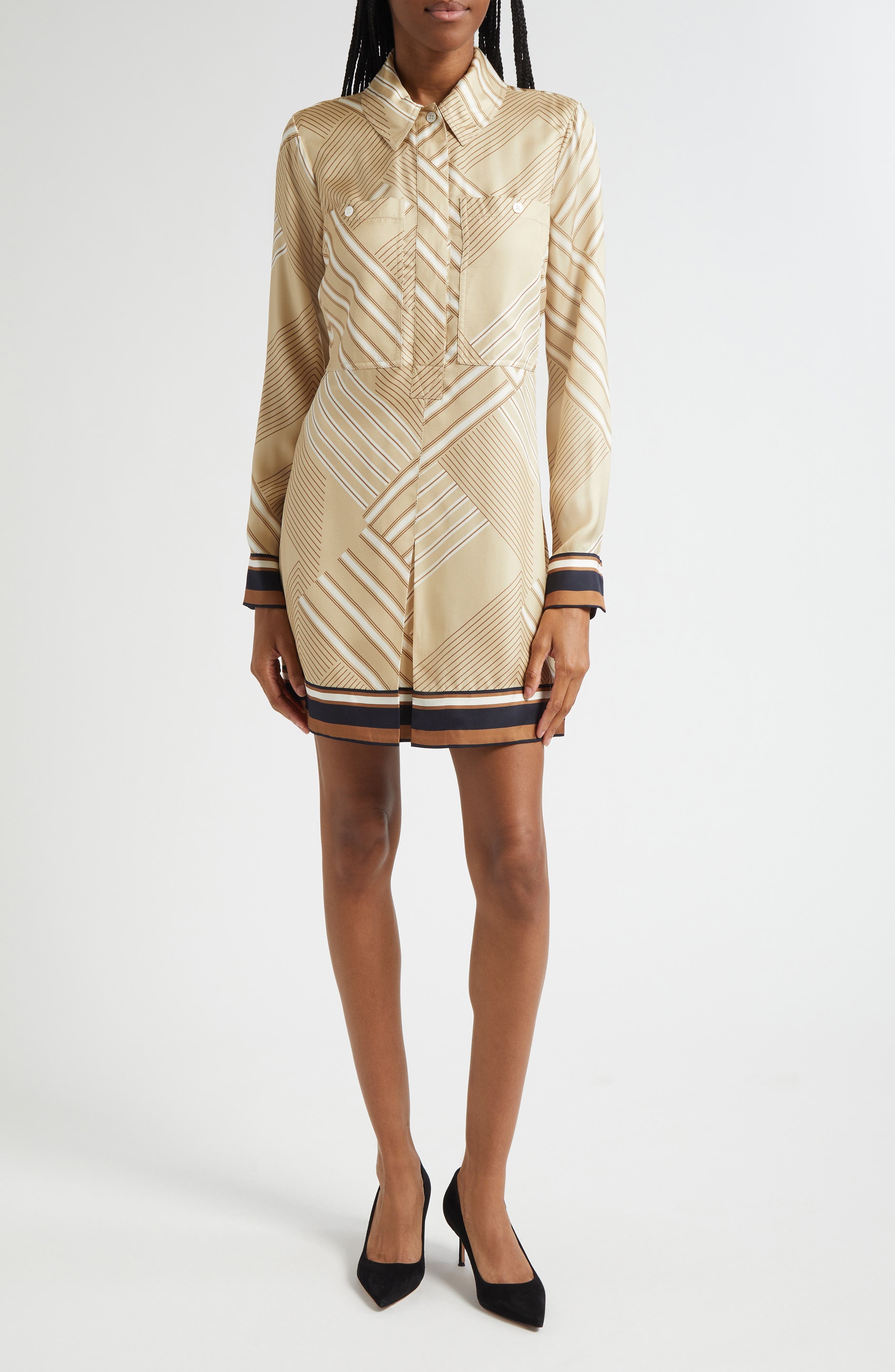 Veronica Beard Pryce Border Print Long Sleeve Silk Blend Shirtdress in Stone Khaki Multi at Nordstro - 1