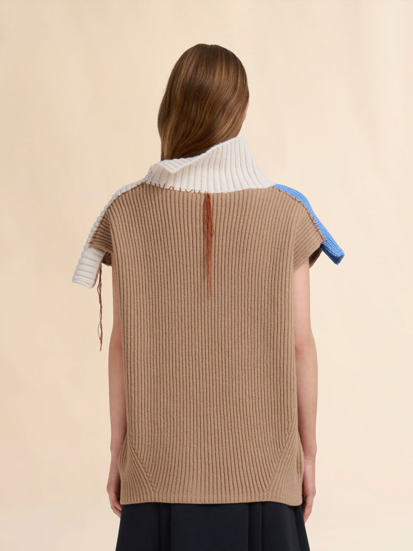 BROWN WOOL AND COTTON SWEATER IN MIXED KNITS - 3