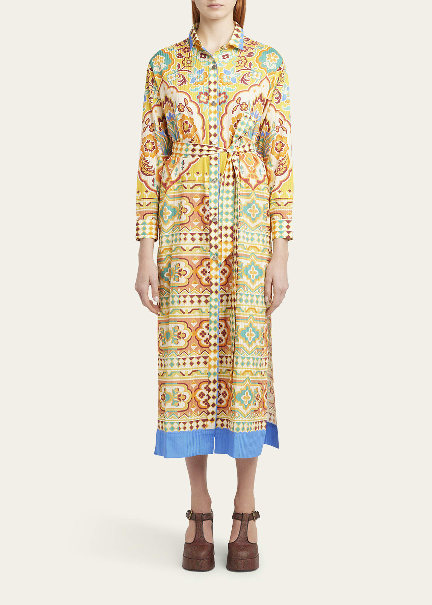 Tile-Print Belted Long-Sleeve Midi Shirtdress - 2