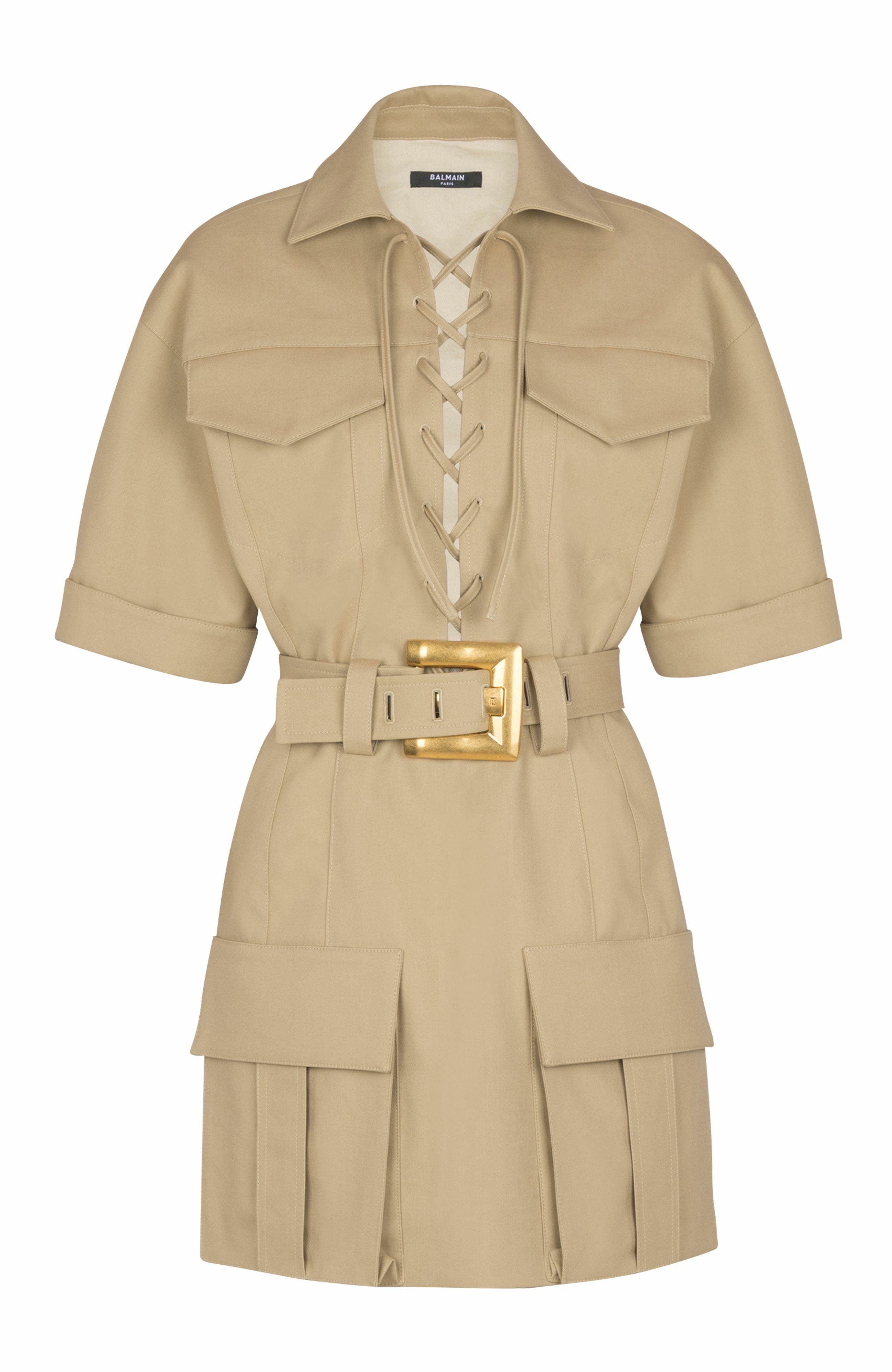 Balmain Short cotton gabardine lace-up dress in Beige at Nordstrom - 5