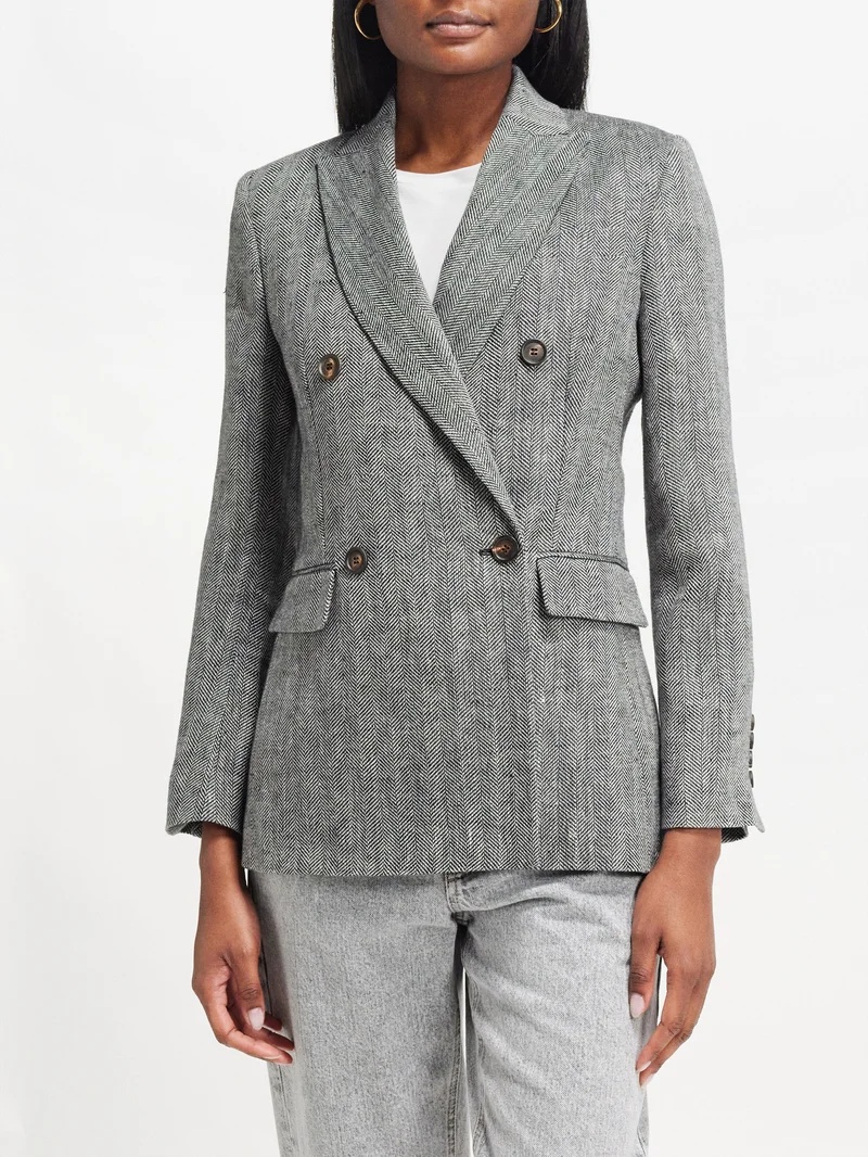 Double-breasted linen-herringbone tailored jacket - 1