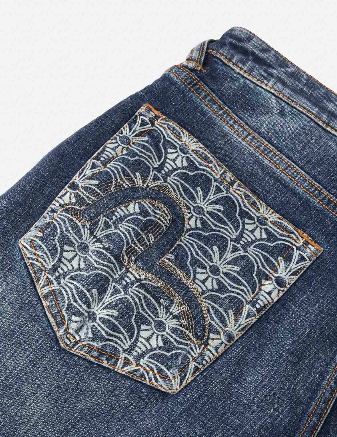 Allover Kamon Print and Seagull Embroidery pockets Fashion Fit Jeans - 5