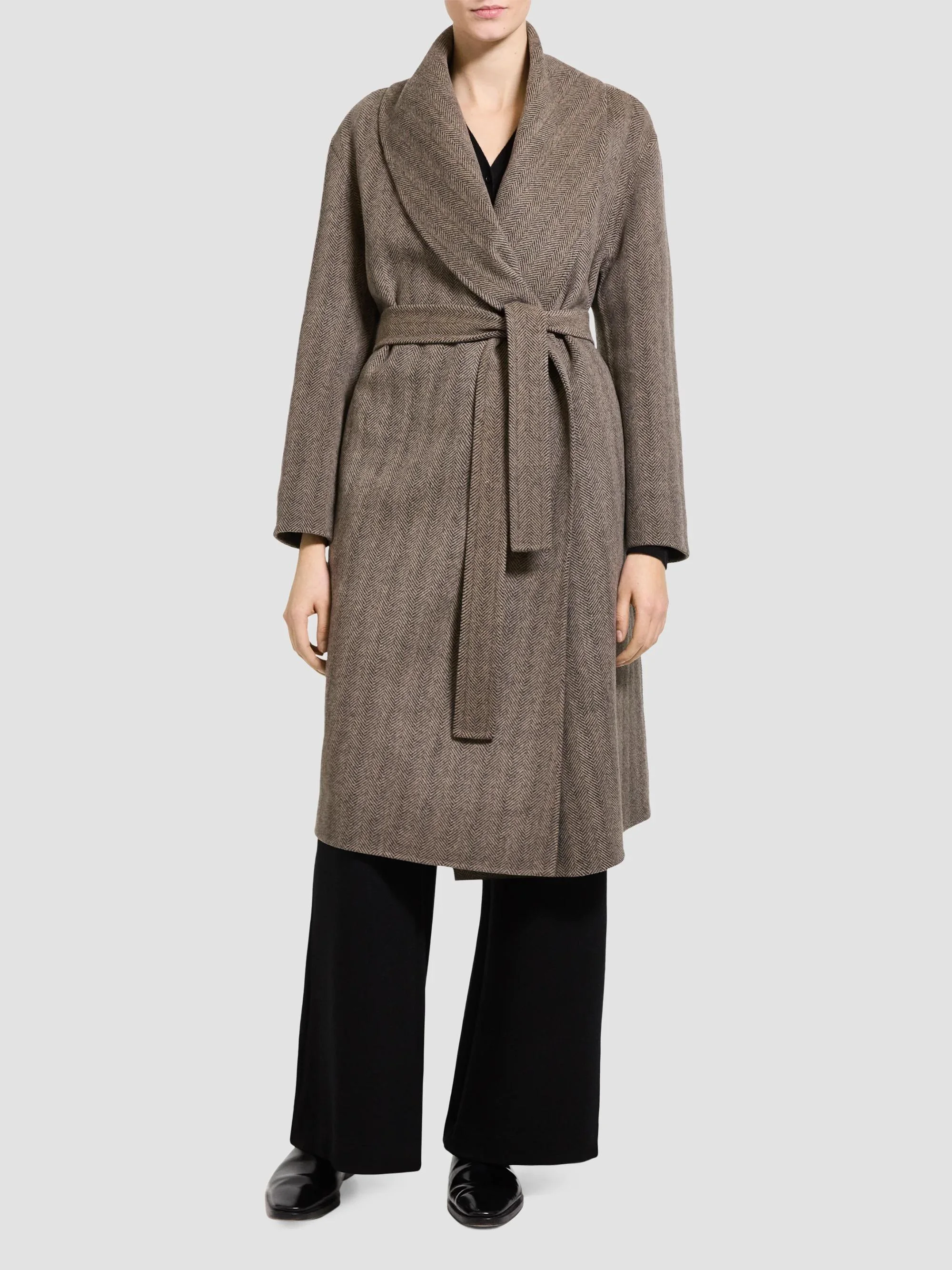 Women's Herringbone Wool Shawl Coat - Mocha Multi - 1