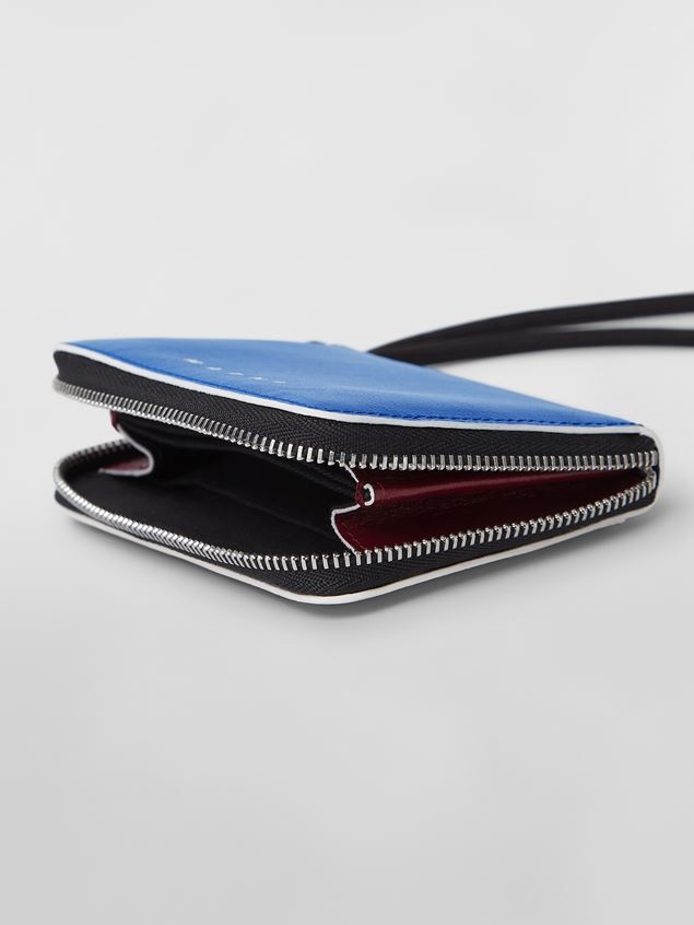 BI-COLOURED BLUE AND BORDEAUX CALFSKIN MUSEO WALLET WITH SHOULDER STRAP - 5