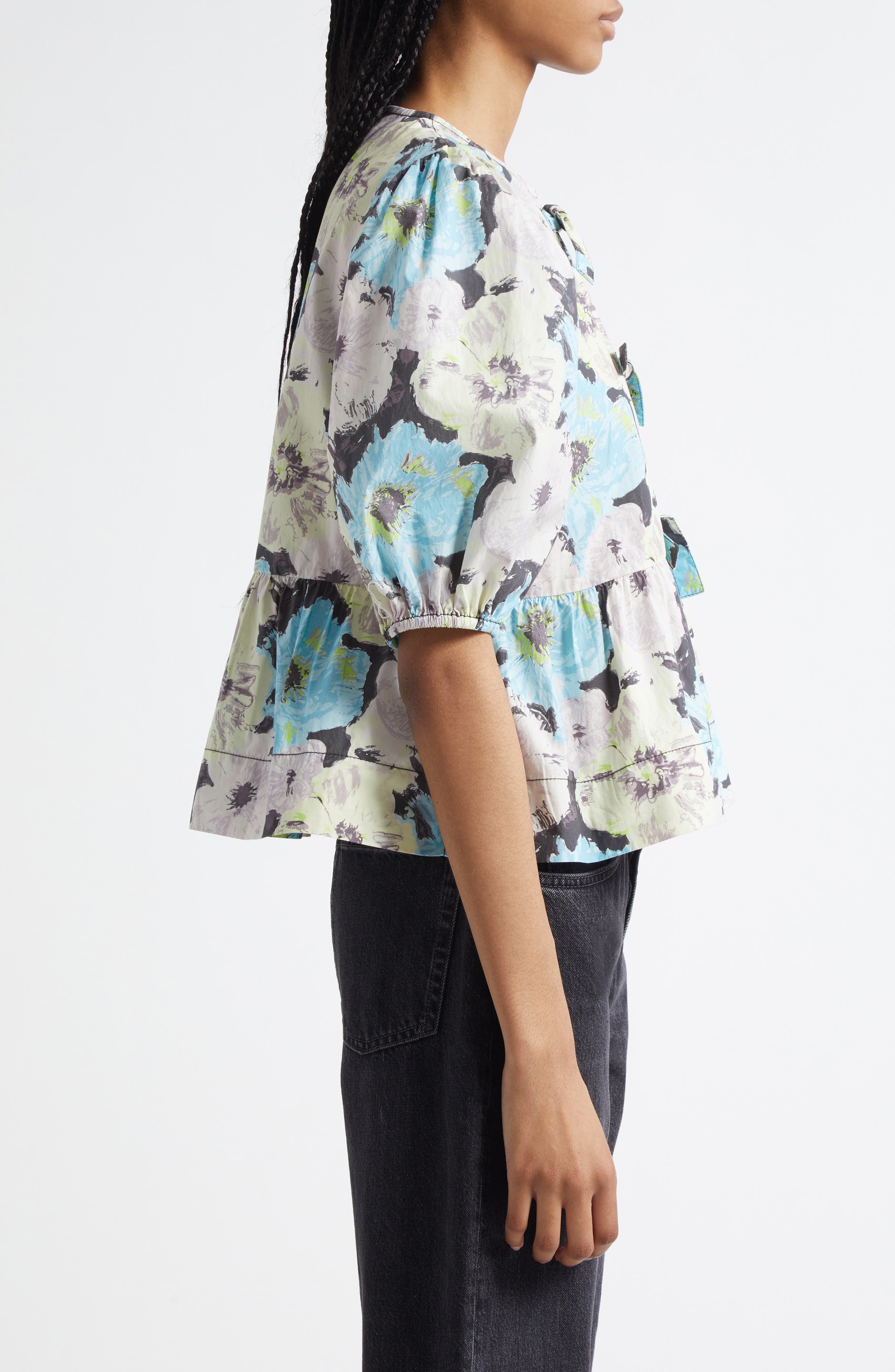 Ganni Print Puff Sleeve Peplum Organic Cotton Top in White Multicolor at Nordstrom - 3