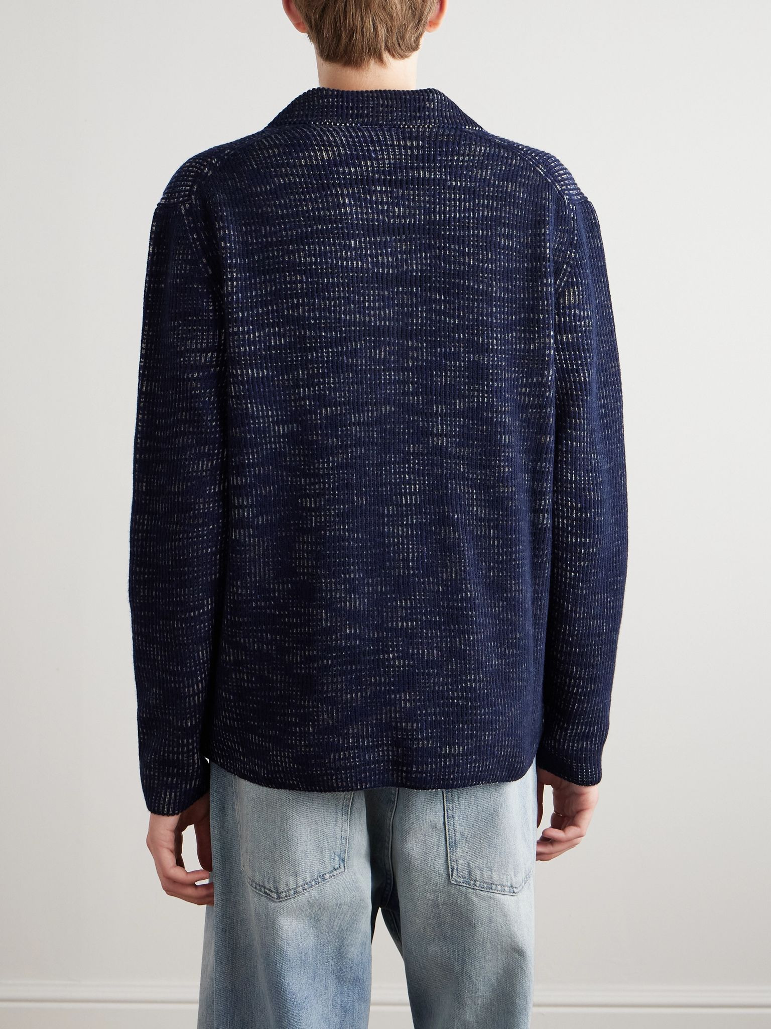 Unstructured Space-Dyed Ribbed Wool Blazer Blue - 3