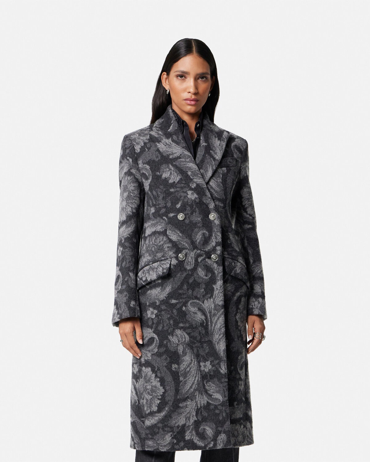 Barocco Stencil Wool Long Coat - 4