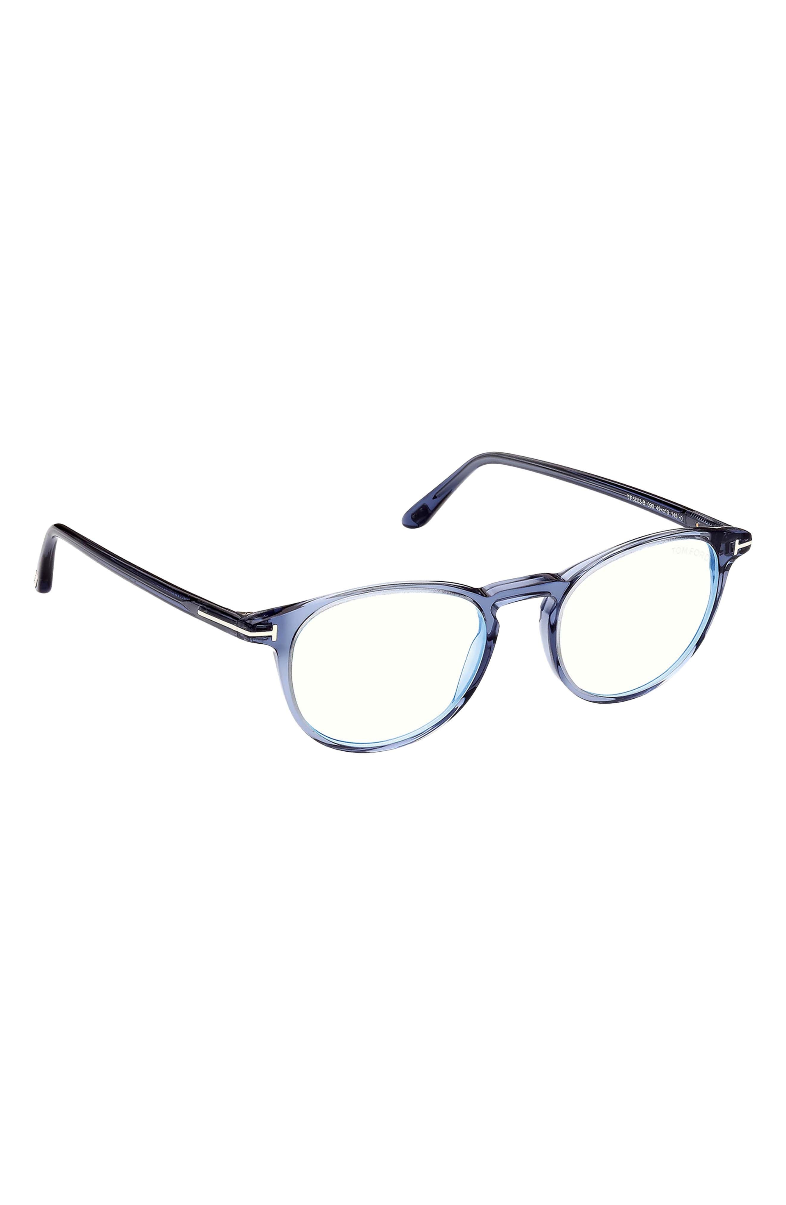 TOM FORD 51mm Round Blue Light Blocking Optical Glasses in Shiny Blue at Nordstrom - 7