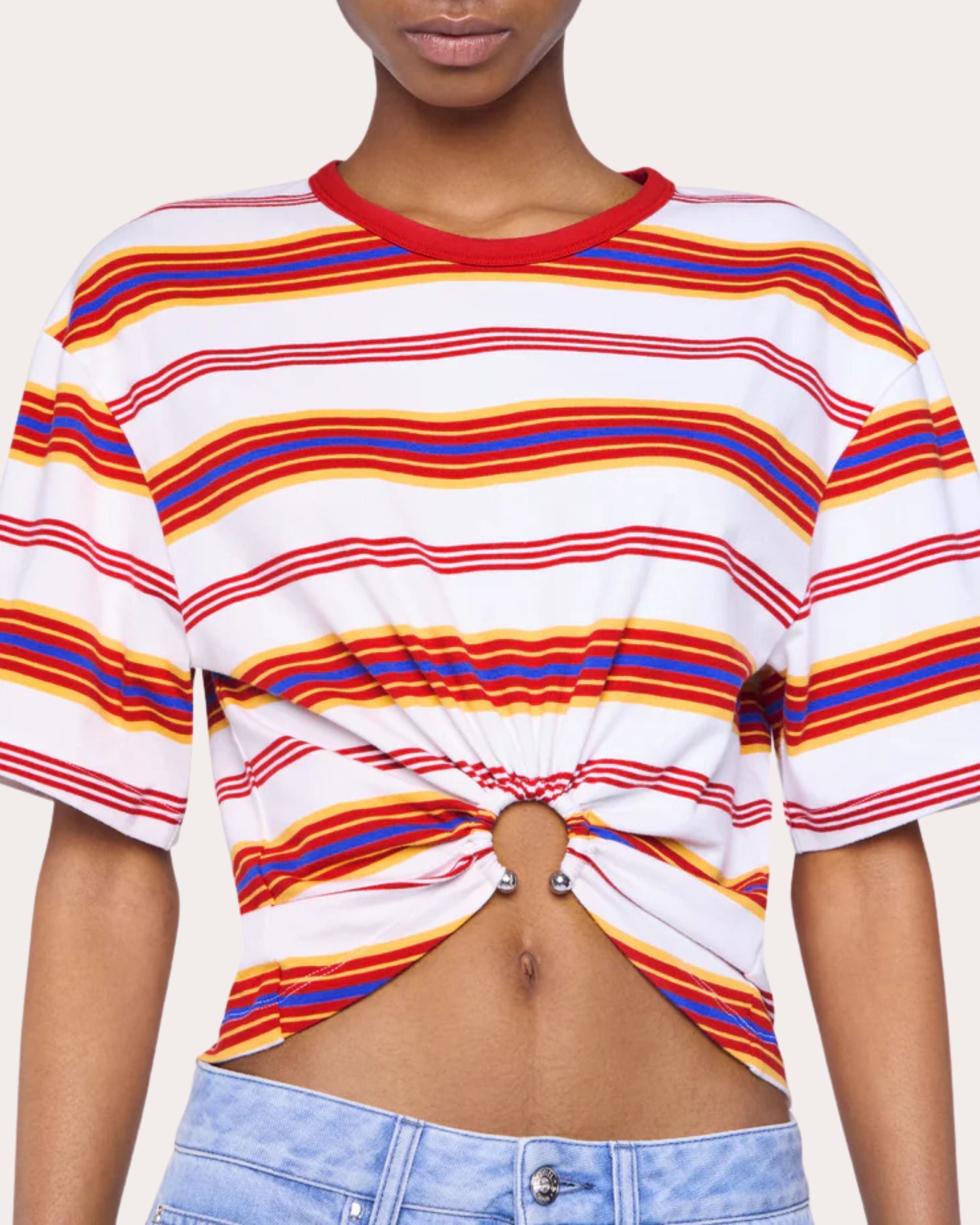 Stripe Cotton Ruched Ring T-Shirt - 4