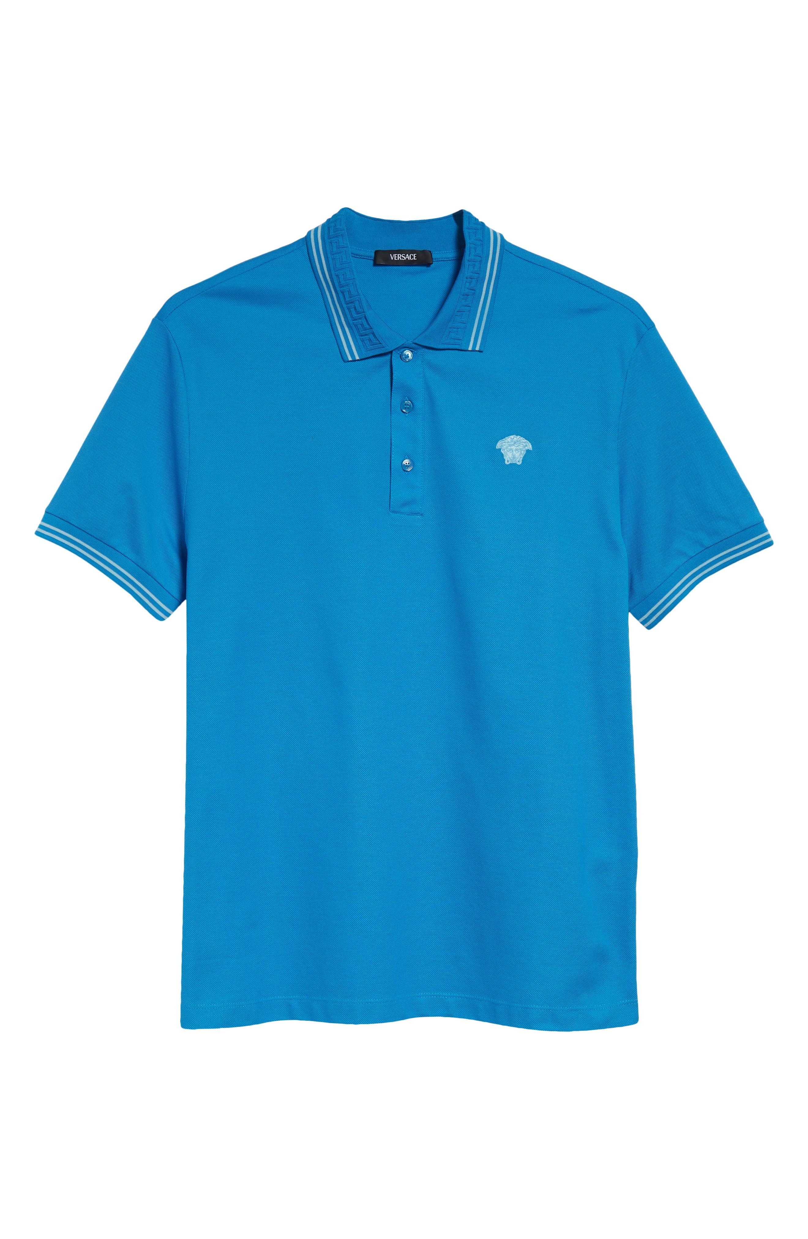 Versace Tipped Embroidered Medusa Cotton Piqué Polo in Bright Dv Blue at Nordstrom - 5