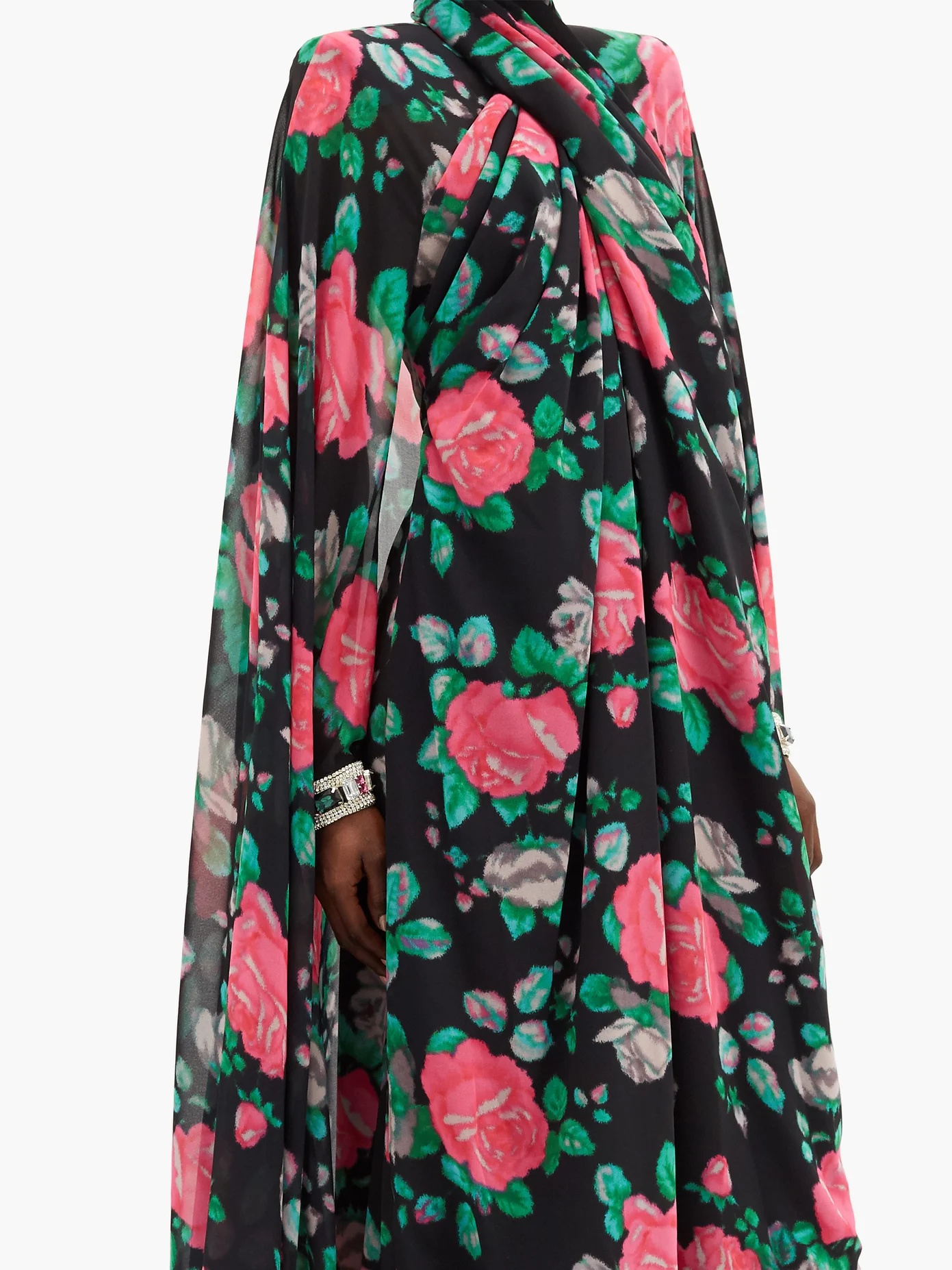 Rose cape-sleeve floral-print chiffon gown - 6