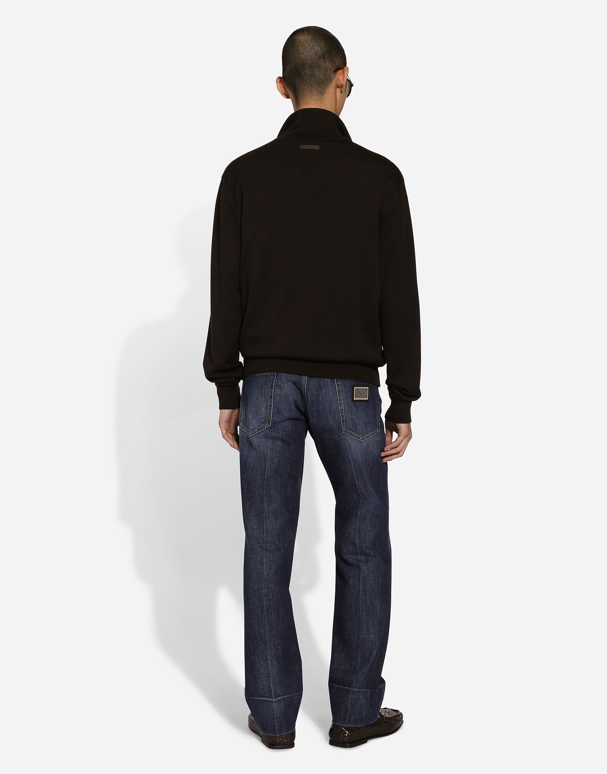 High-necked leather and wool jacket - 3