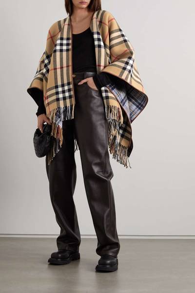 Burberry Leather-trimmed fringed checked wool wrap outlook