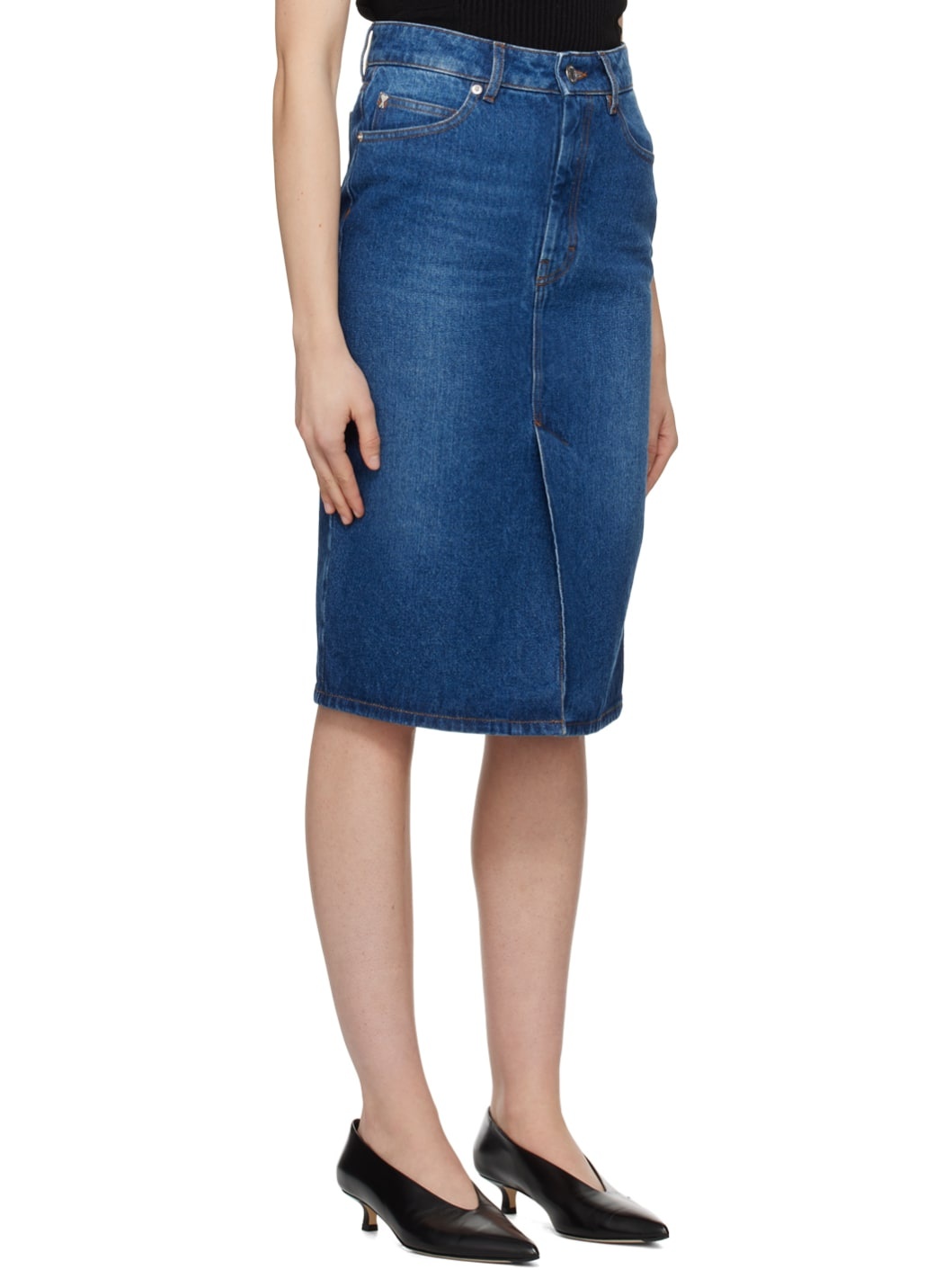 Blue Faded Denim Midi Skirt - 2