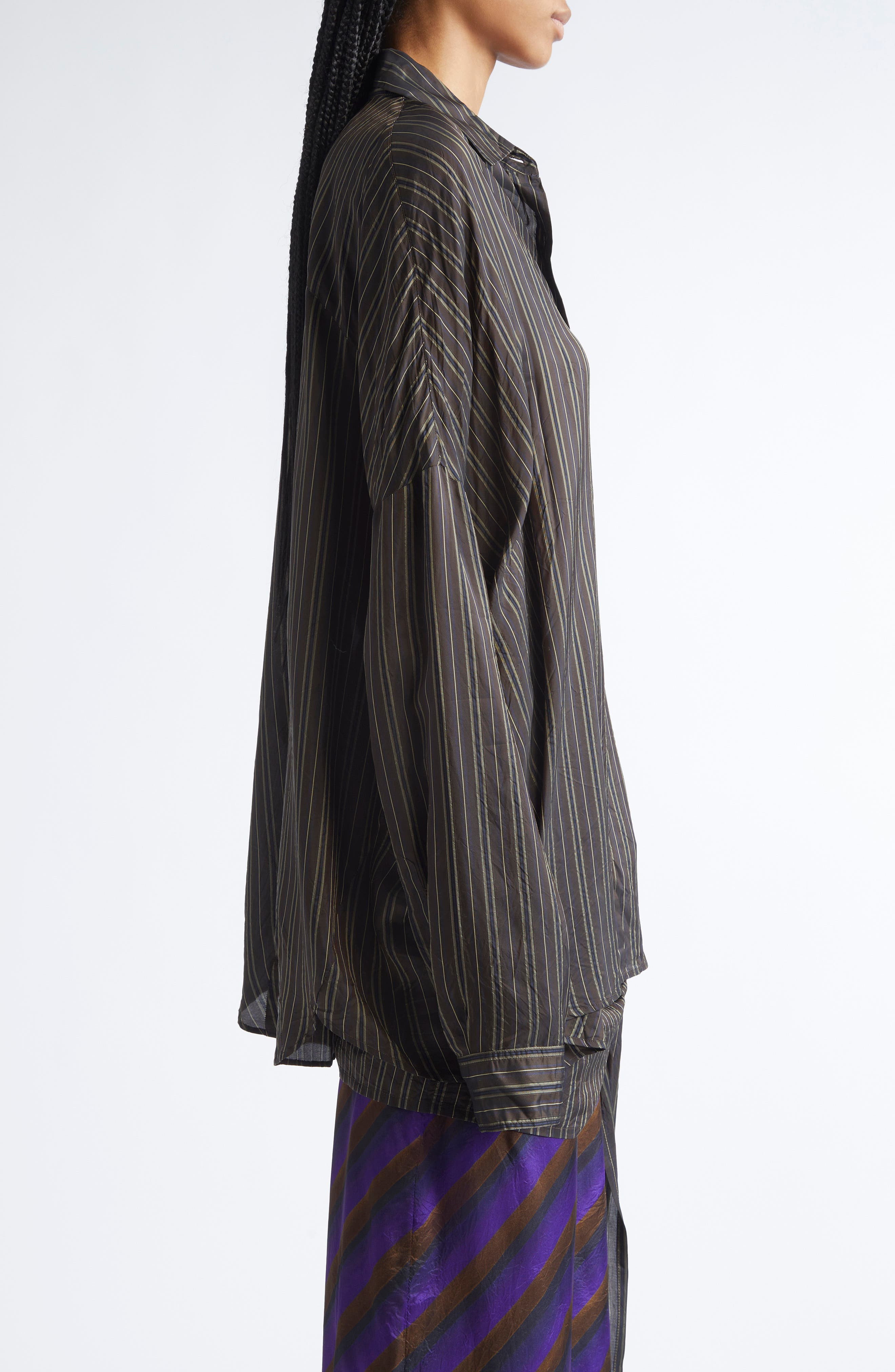 Dries Van Noten Casia Stripe Oversize Cupro Cocoon Shirt in Brown at Nordstrom - 4