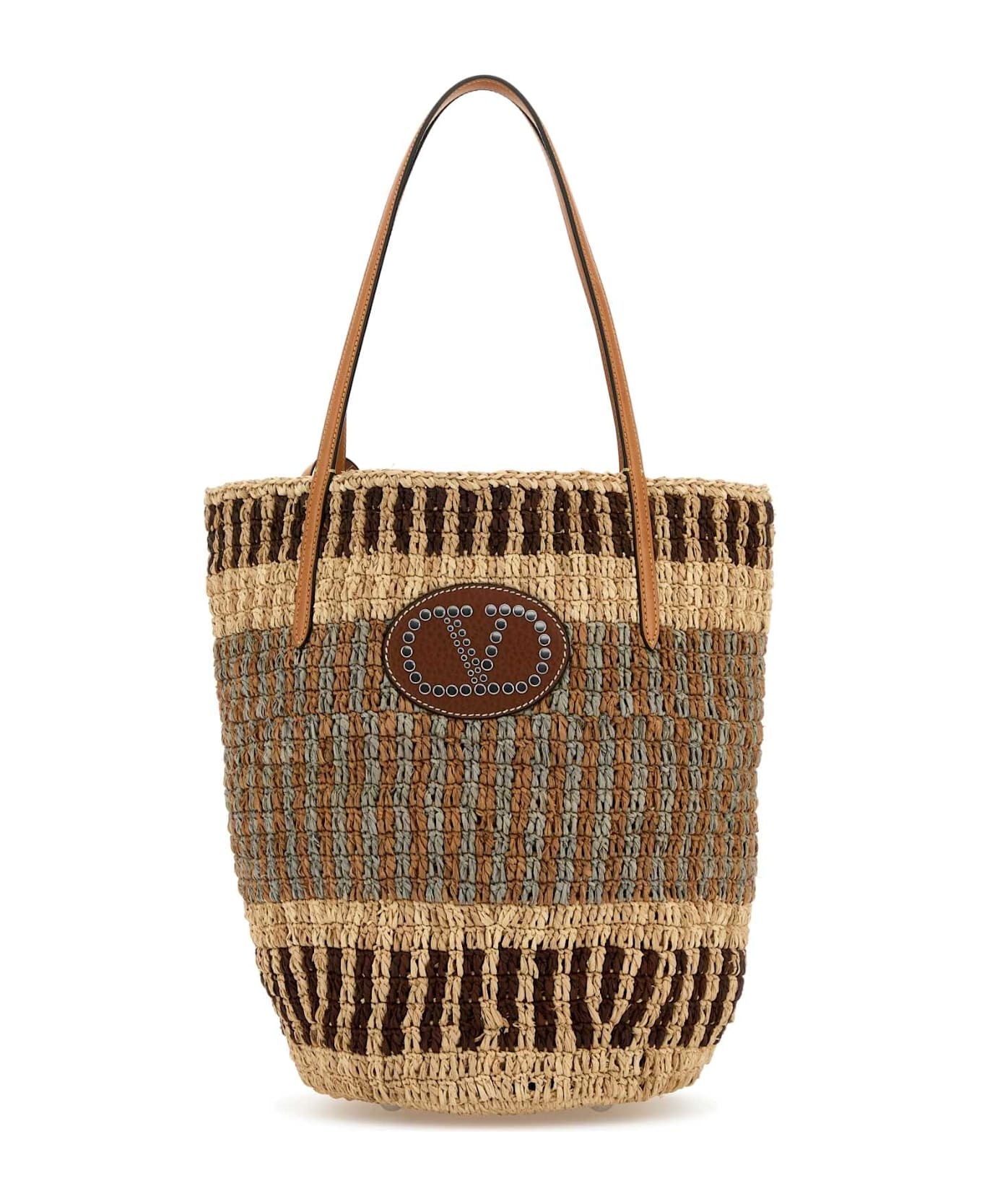 Embroidered Raffia Vlogo Signature Shopping Bag - 1