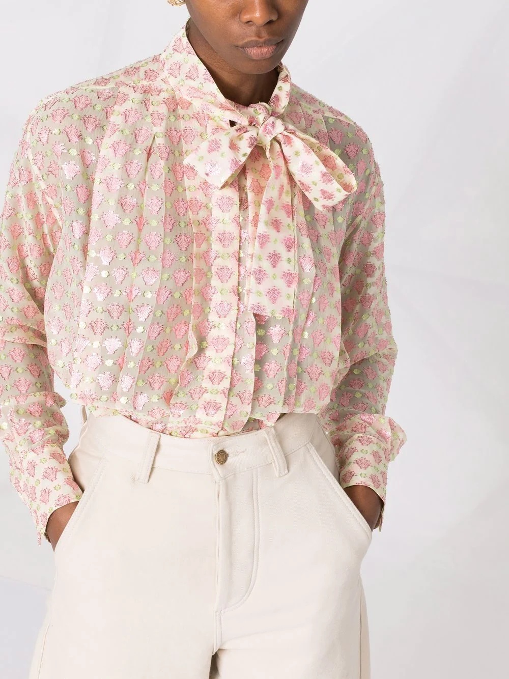 pussy-bow collar jacquard blouse - 5