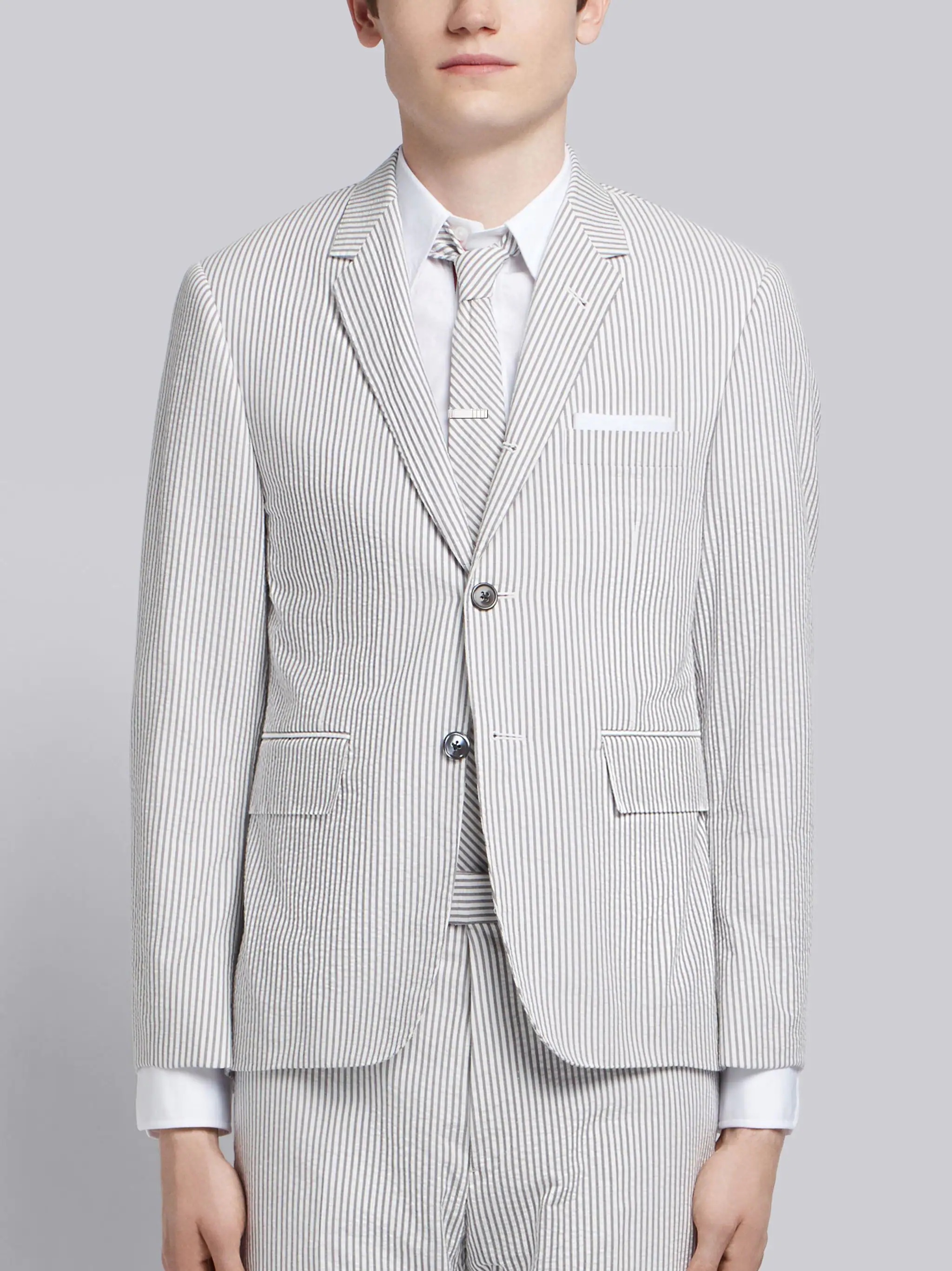 Medium Grey Seersucker Classic Suit and Tie - 3
