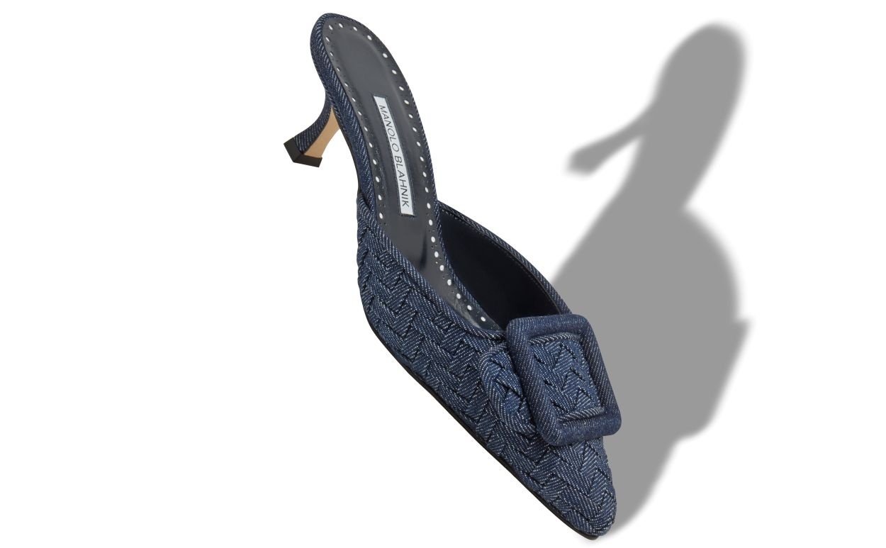 Dark Blue Chambray Buckle Detail Mules - 2
