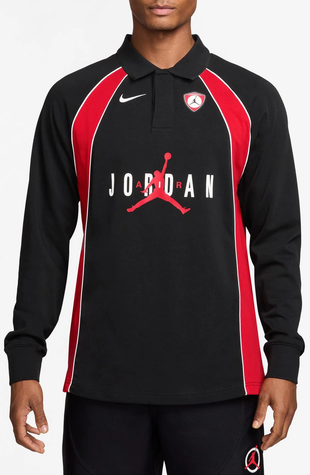 Jordan Flight Long Sleeve Cotton Polo in Black/University Red/Red at Nordstrom - 1