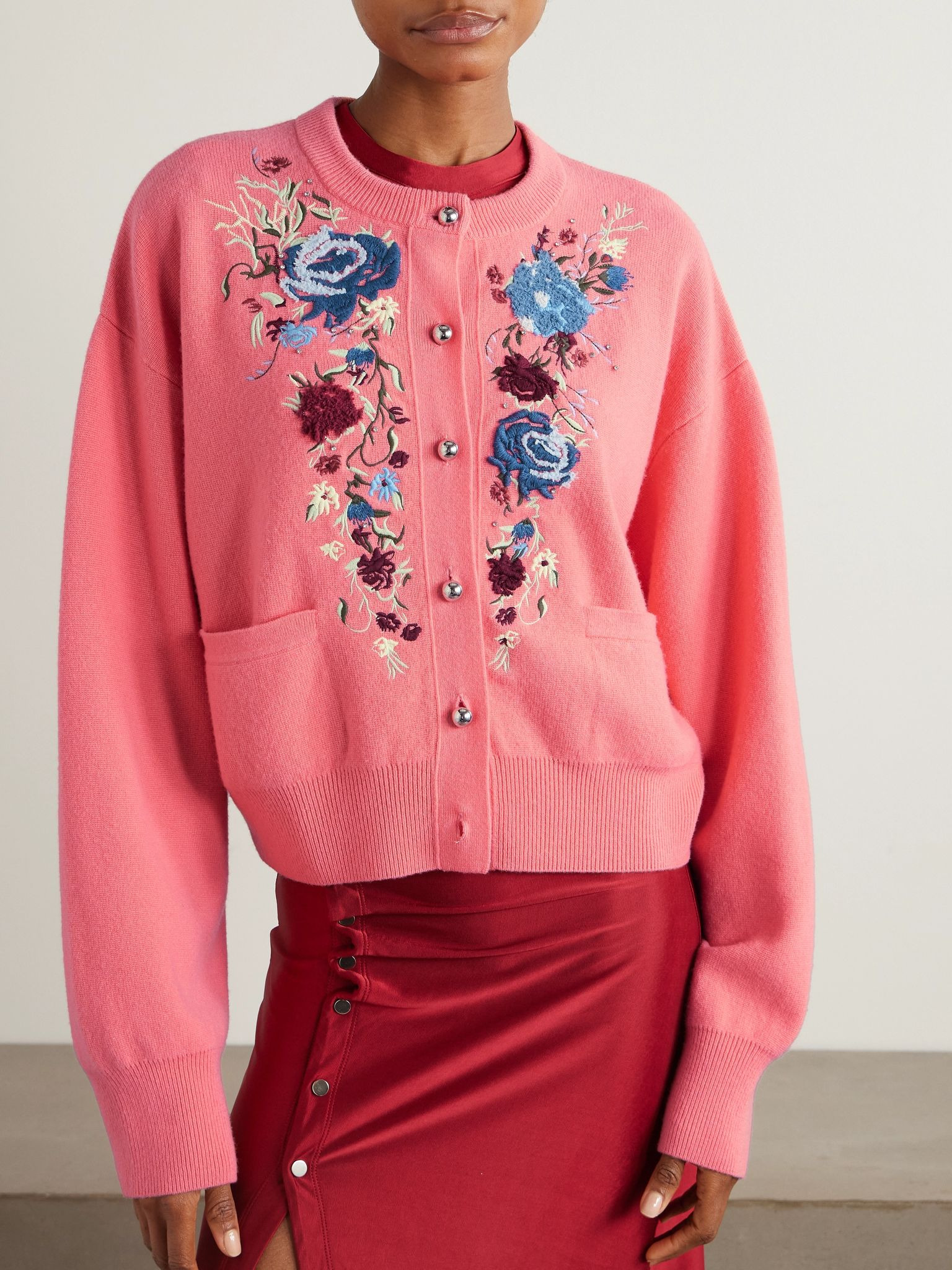 Embroidered crystal-embellished wool and cashmere-blend cardigan Bright pink - 3