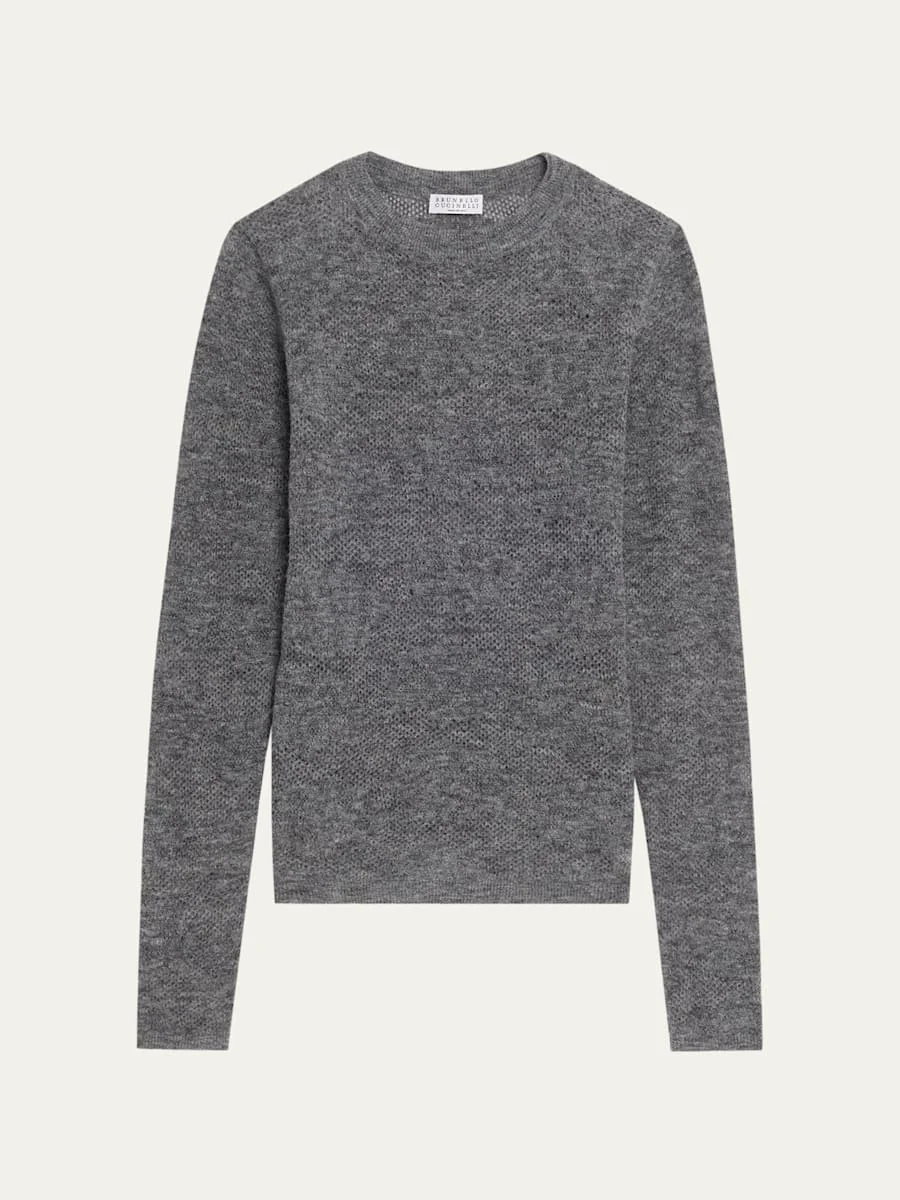 Silk-Alpaca Open-Knit Crewneck Sweater - 1