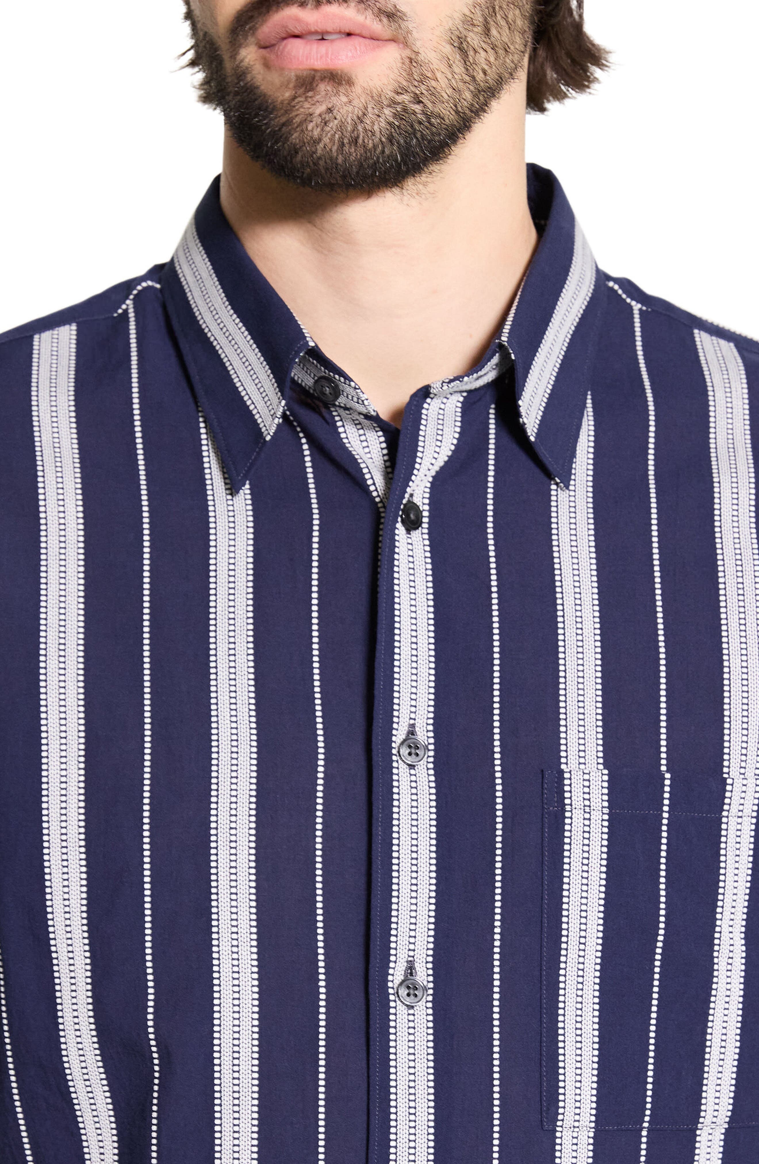 Theory Noll Summer Dobby Short Sleeve Button-Up Shirt in Baltic/White at Nordstrom - 2