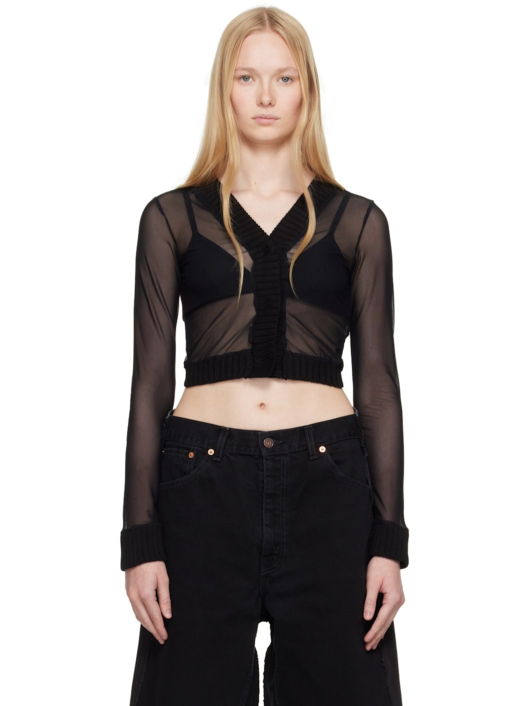 Black Elastic Jersey Mesh Long-Sleeved Cardigan - 1