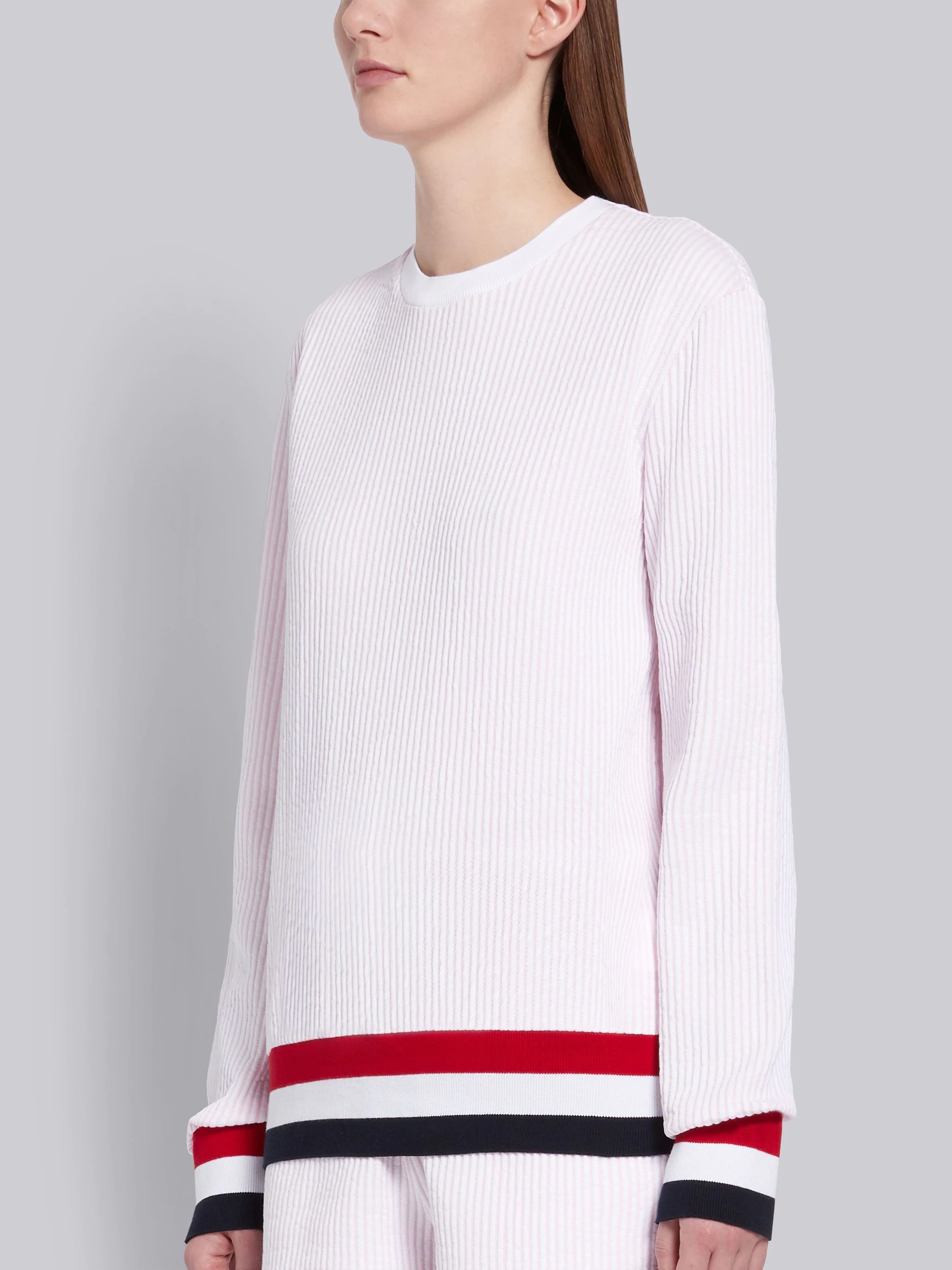 Pink Cotton Seersucker Tri-color Trim Crewneck Sweatshirt - 2