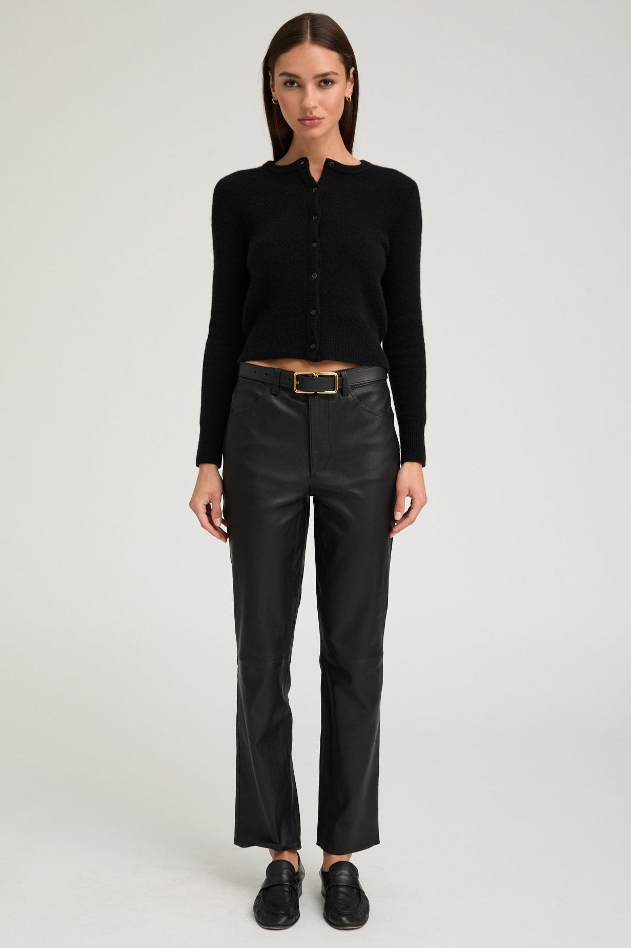 BLACK LEATHER 5 POCKET ANKLE SLIM STRAIGHT - 5