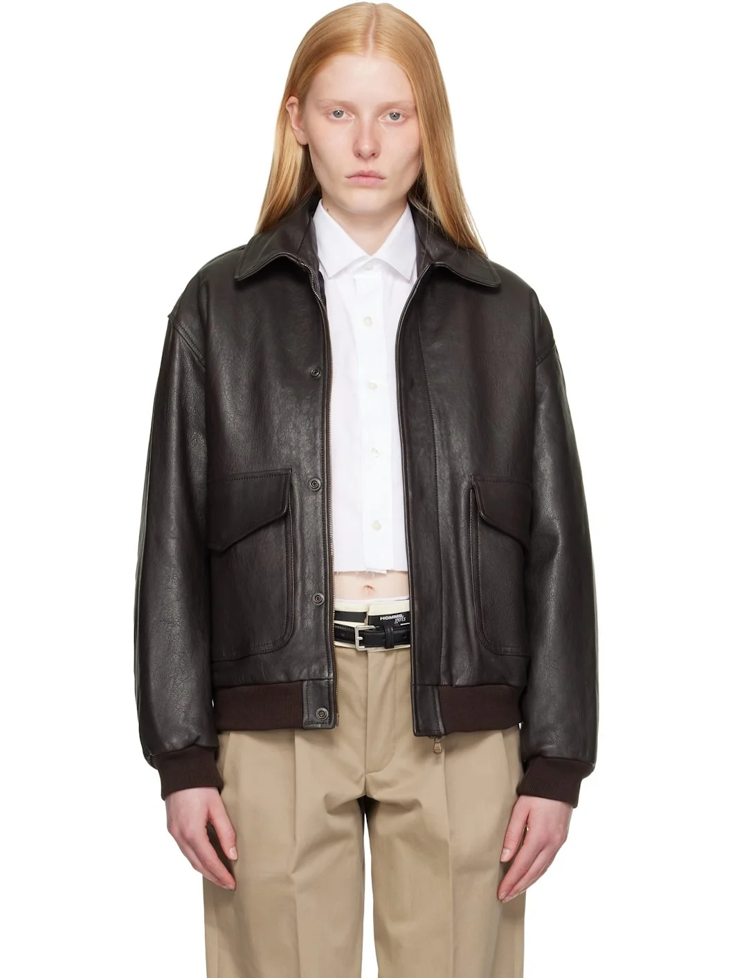 Brown Leather Bomber Jacket - 1