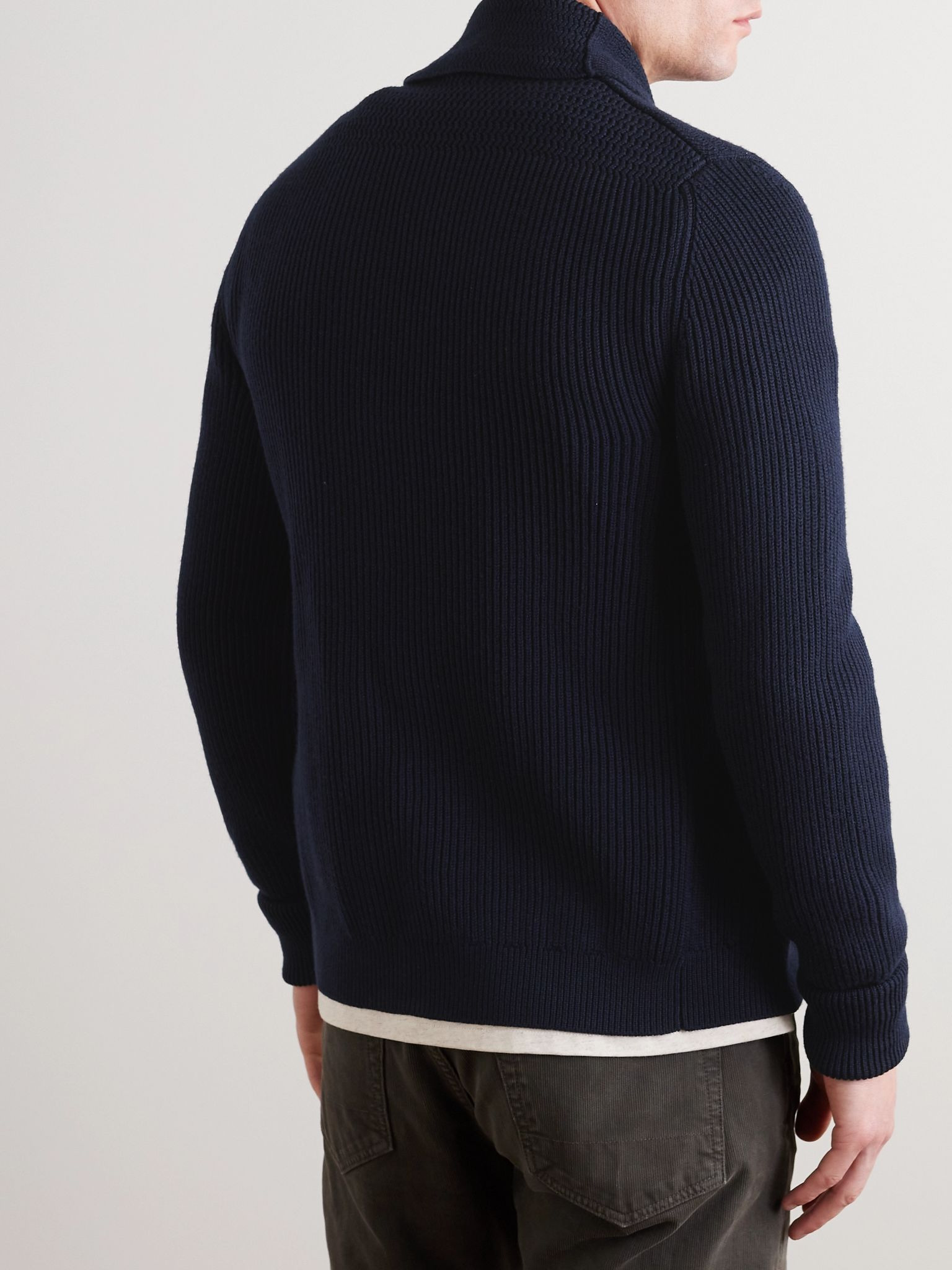 Shawl-Collar Ribbed Wool Cardigan Navy - 3